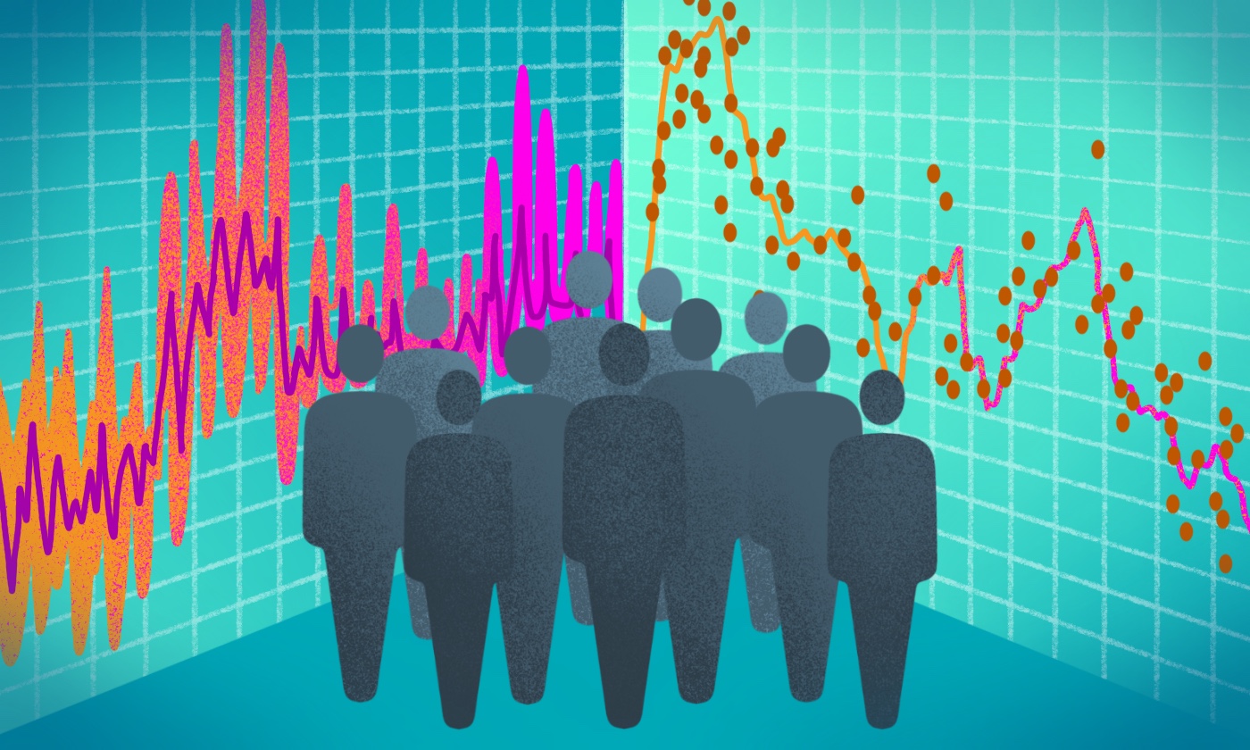 An illustration of a group of people standing between two graphs showing peaks of viral spread and valleys