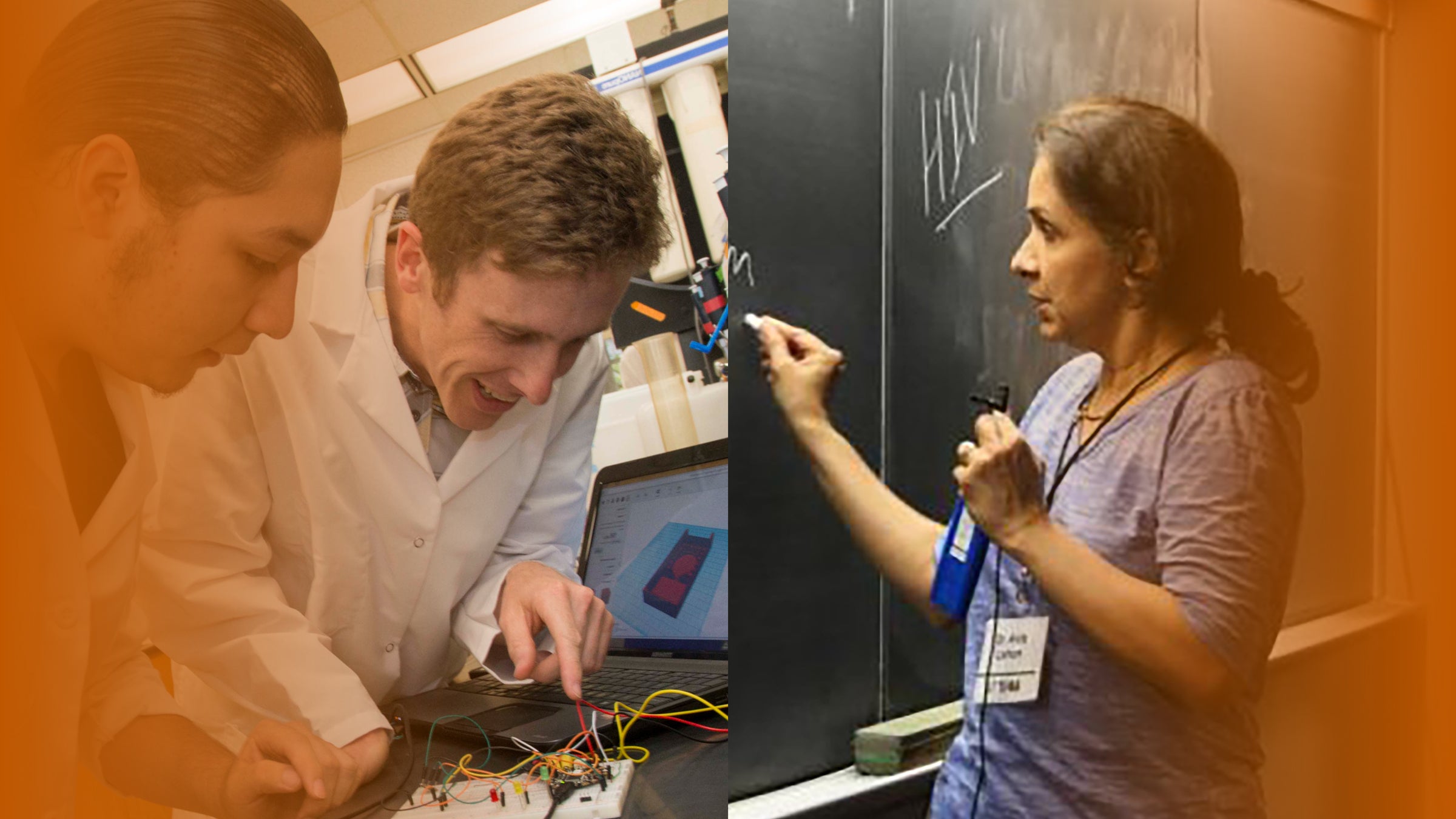 Tim Riedel (left) examines a wiring circuit with a student. Anita Latham (right) writes on a chalkboard.