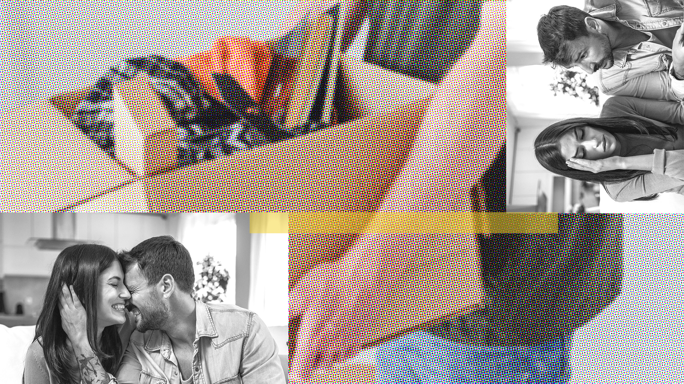 A mosaic of images shows the arms of a young man holding a cardboard box filled with books and clothes and a couple experiencing connection or stress