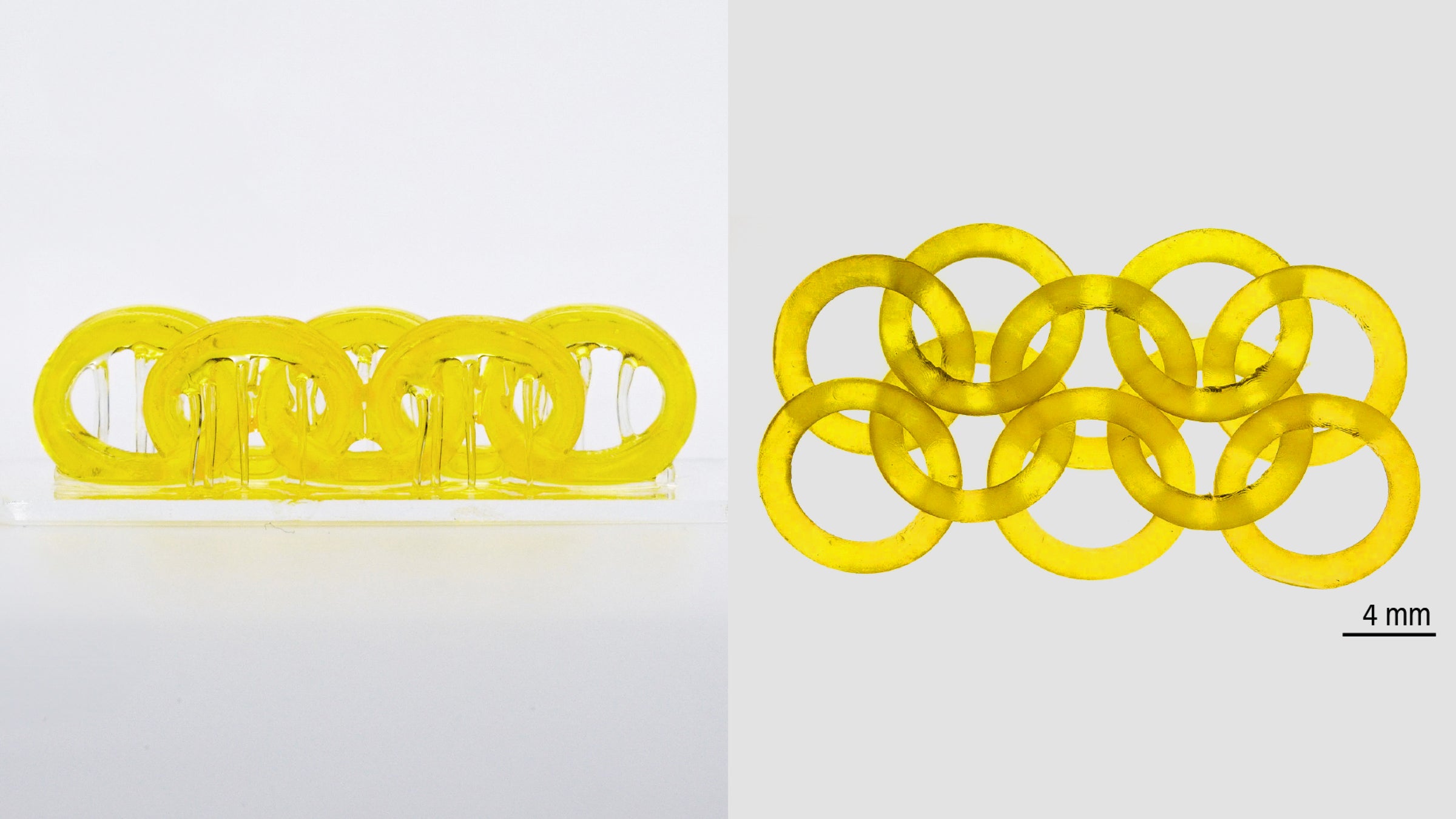 Two examples of an interlocking 3D printed object with multiple circles in different configurations.
