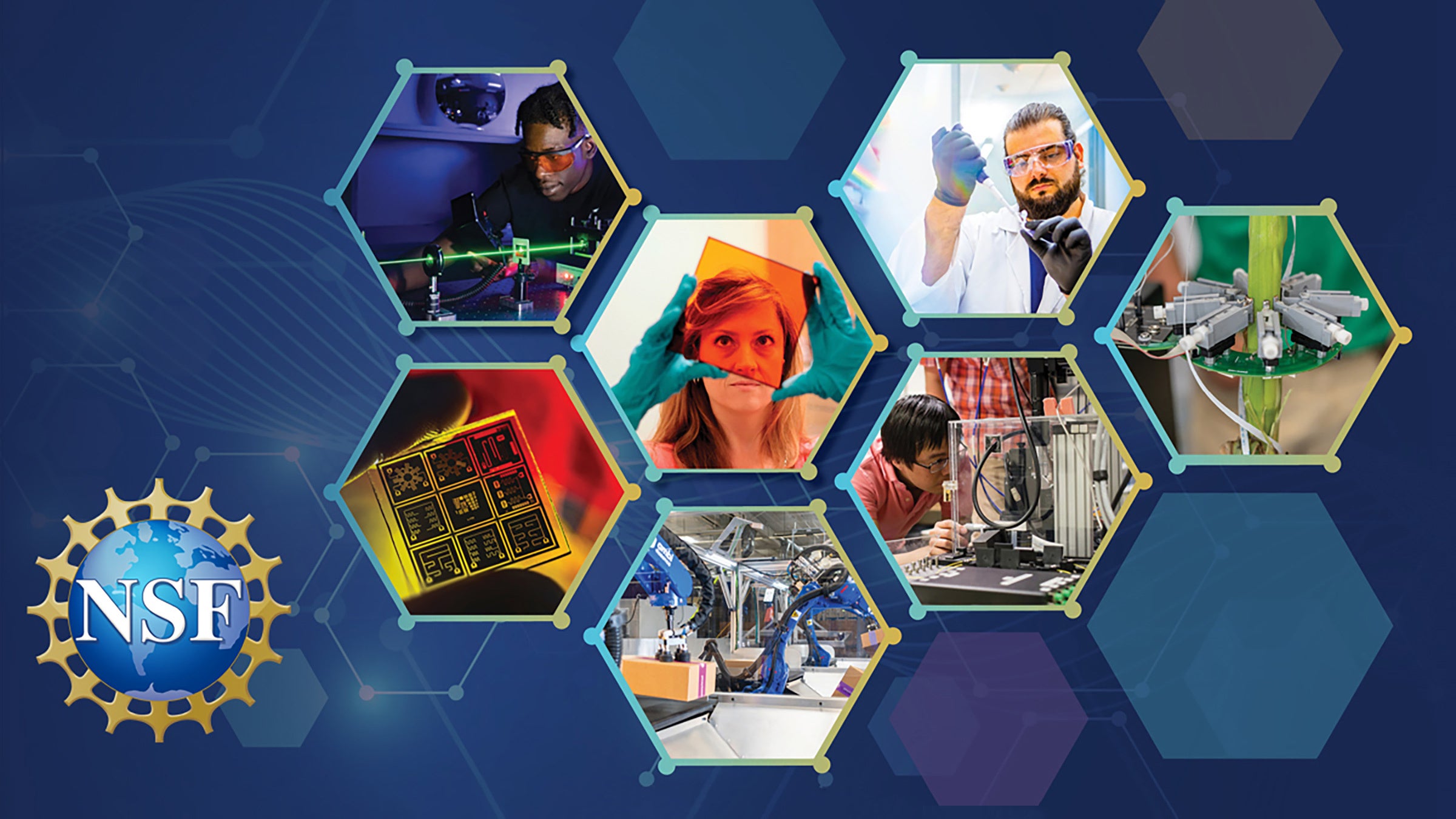 A composite image showing different aspects of science research, including working in a wet lab and using lasers. Also includes the National Science Foundation logo.