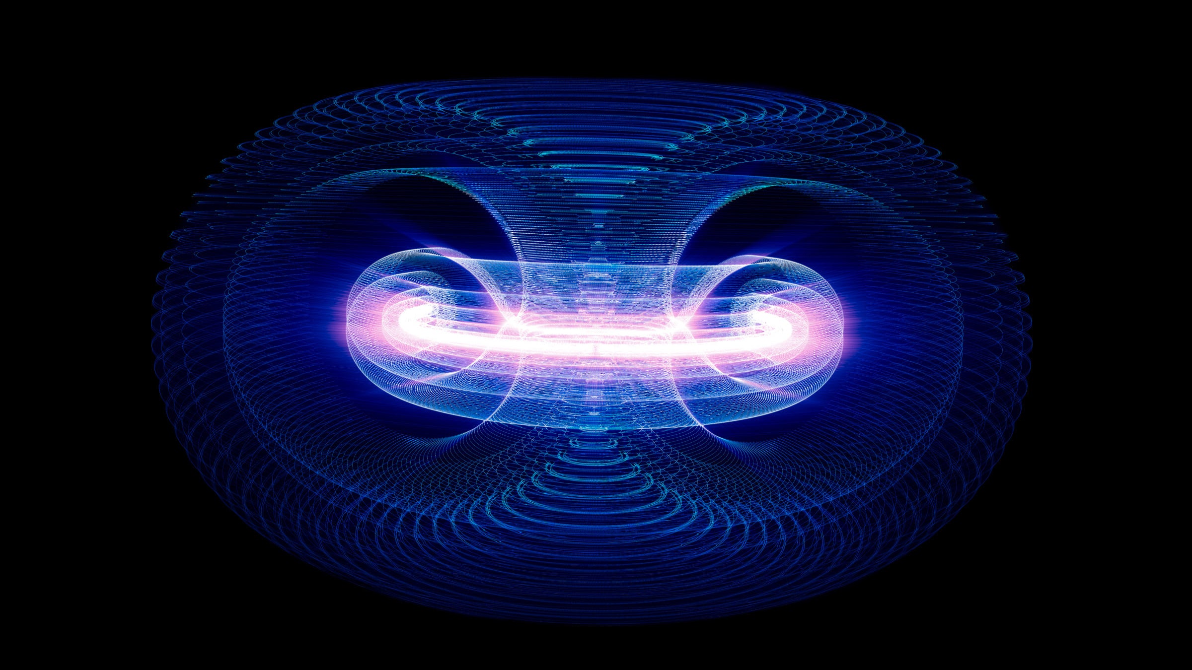 Inside a donut-shaped fusion reactor, a whitish-pink blur represents a fusion plasma
