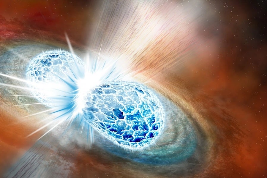 A cosmic pairing is bifurcated by a dynamic force shown in light as gases swirl about.