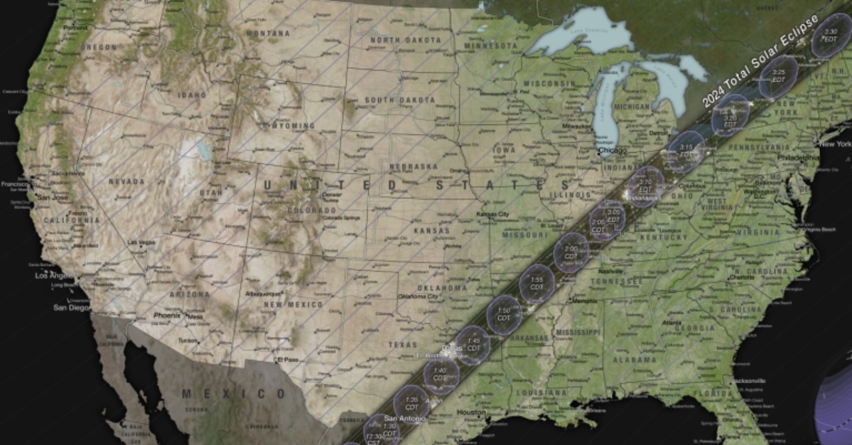 A map of the United States shows a dark band spanning from Mexico and Texas to Maine, representing the path of totality.