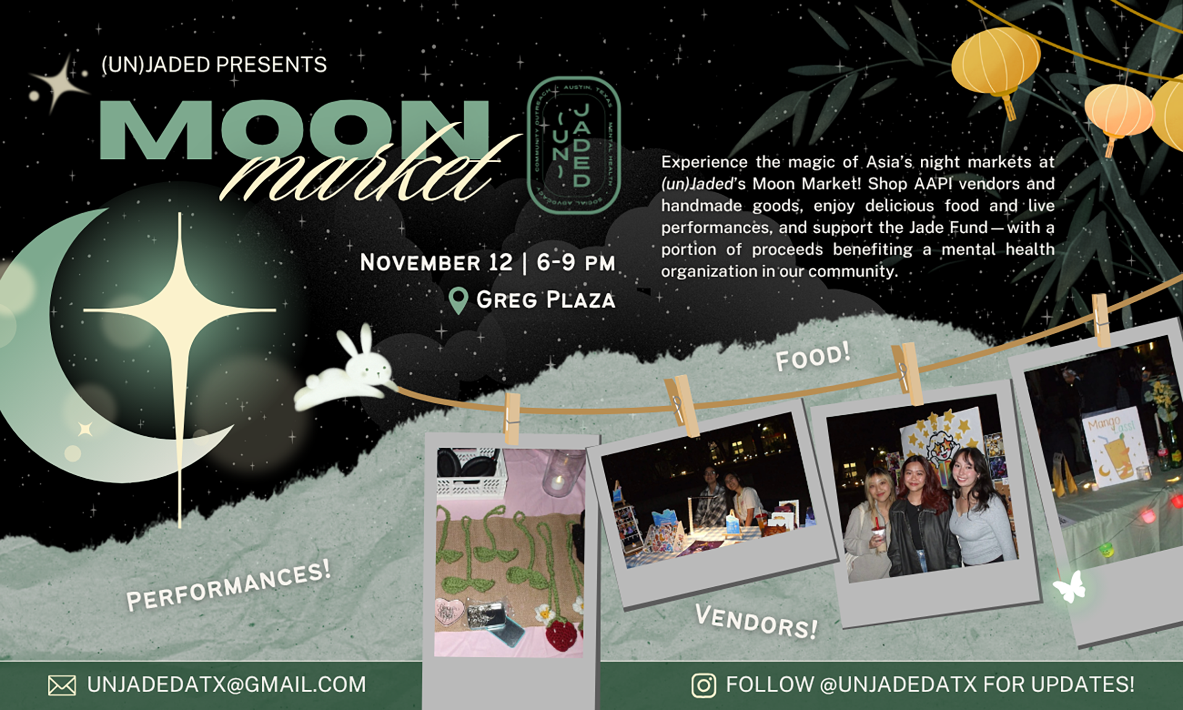 Moon Market | Nov. 12, 6-9pm, Greg Plaza | Experience the magic of Asia's night markets at (un)Jaded's Moon Market! Shop AAPI vendors and handmade goods, enjoy delicious food and live performances, and support the Jade Fund - with a portion of proceeds benefiting a mental health organization in our community.