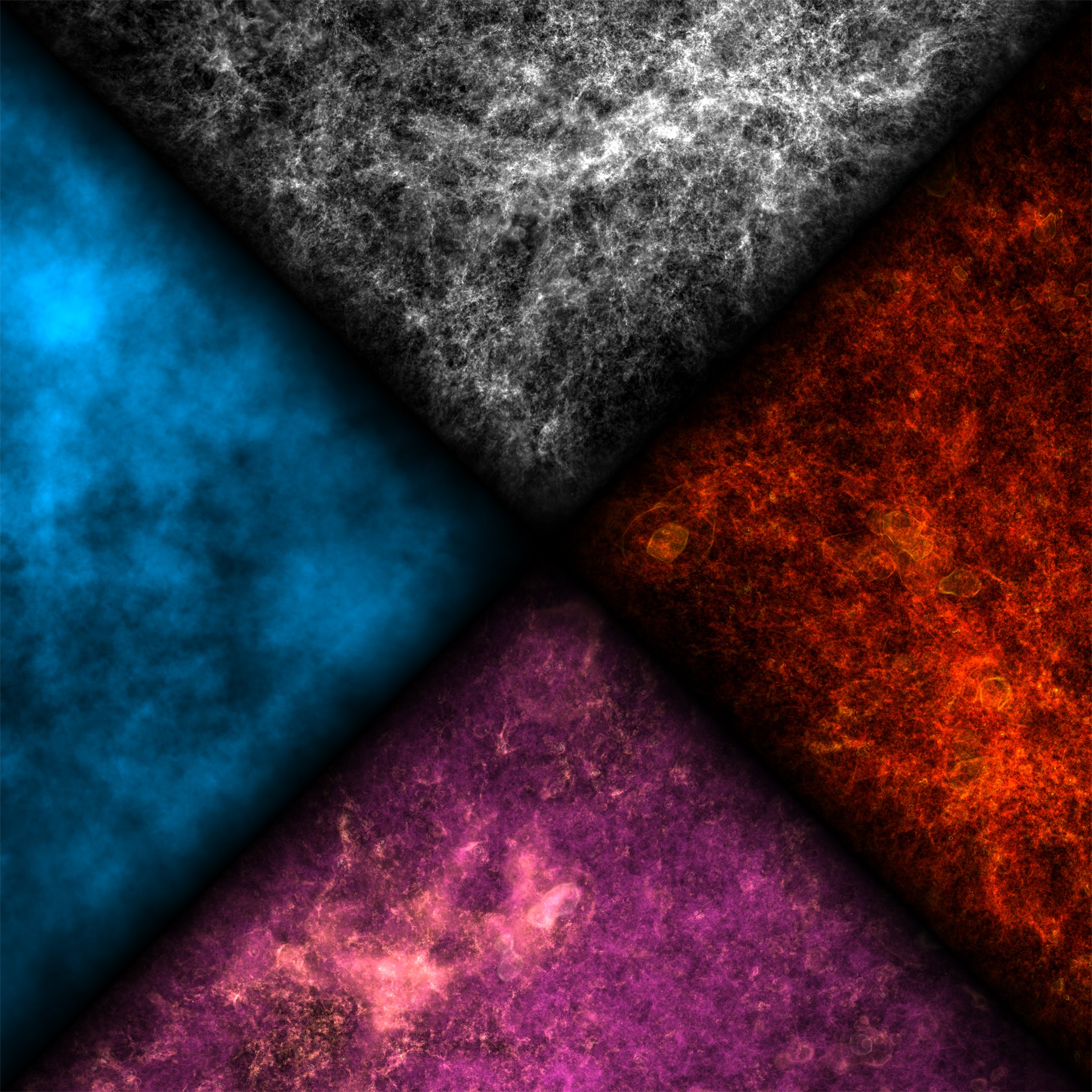 A black square is filled with four separate triangles pointing towards the center. Each triangle is textured and a different color. Clockwise from top: White wiry tendrils, red wiry tendrils, pink rresembling fiberglass insulation, blue and wispy like cotton candy.