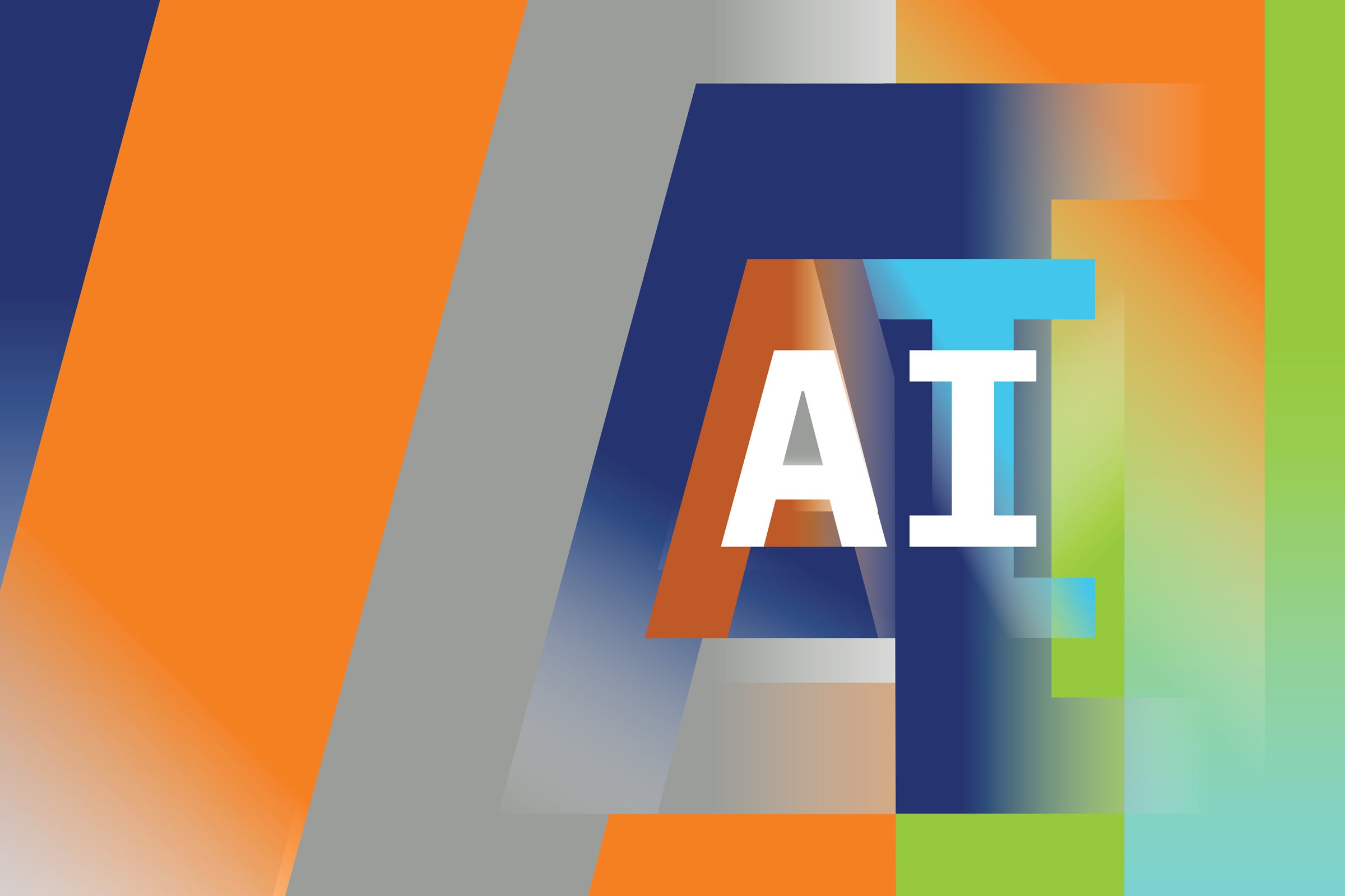 White letters spell AI with bands of color surrounding