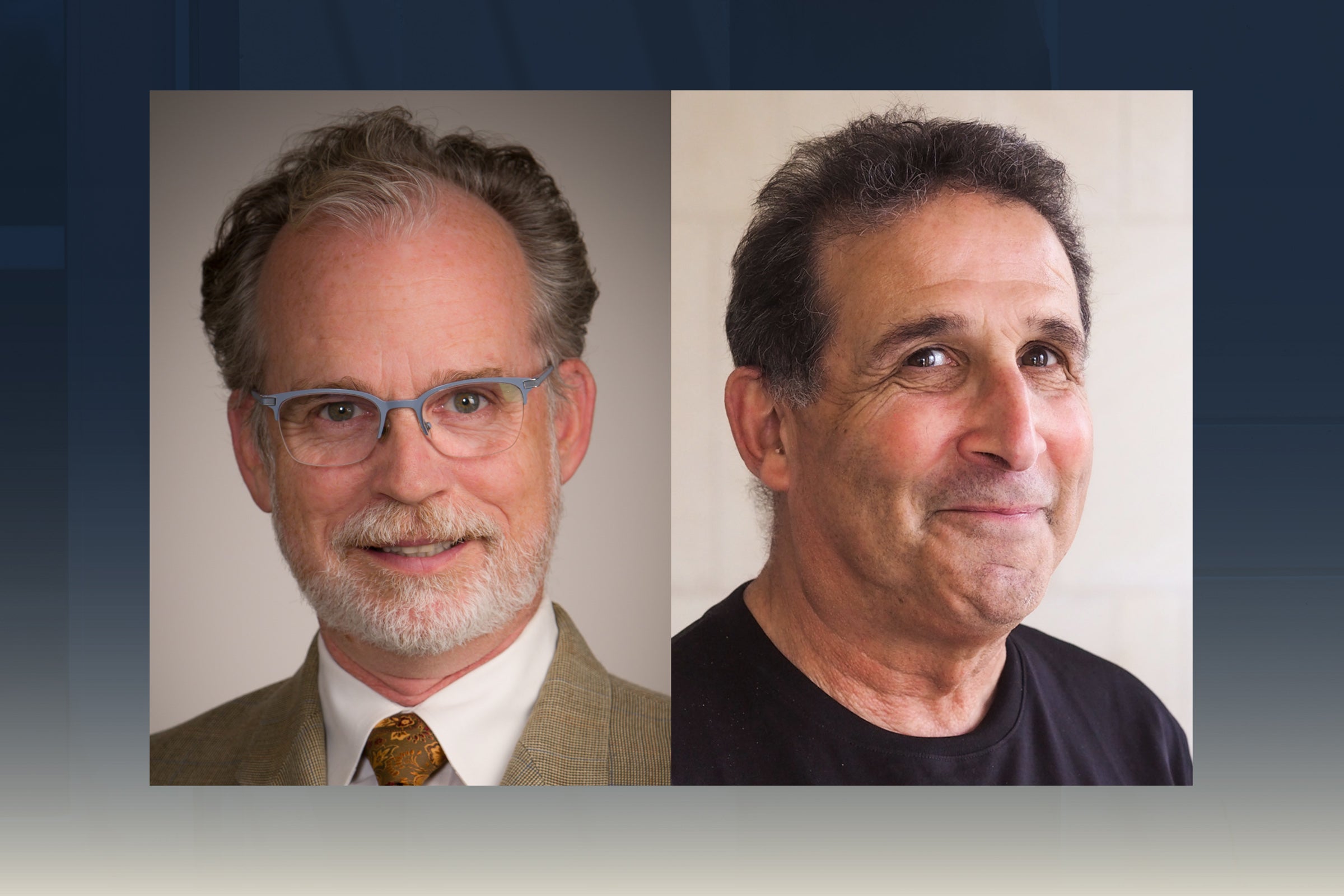 A man in glasses and a tie and a man dressed in a black collarless shirt smile for headshot photos.