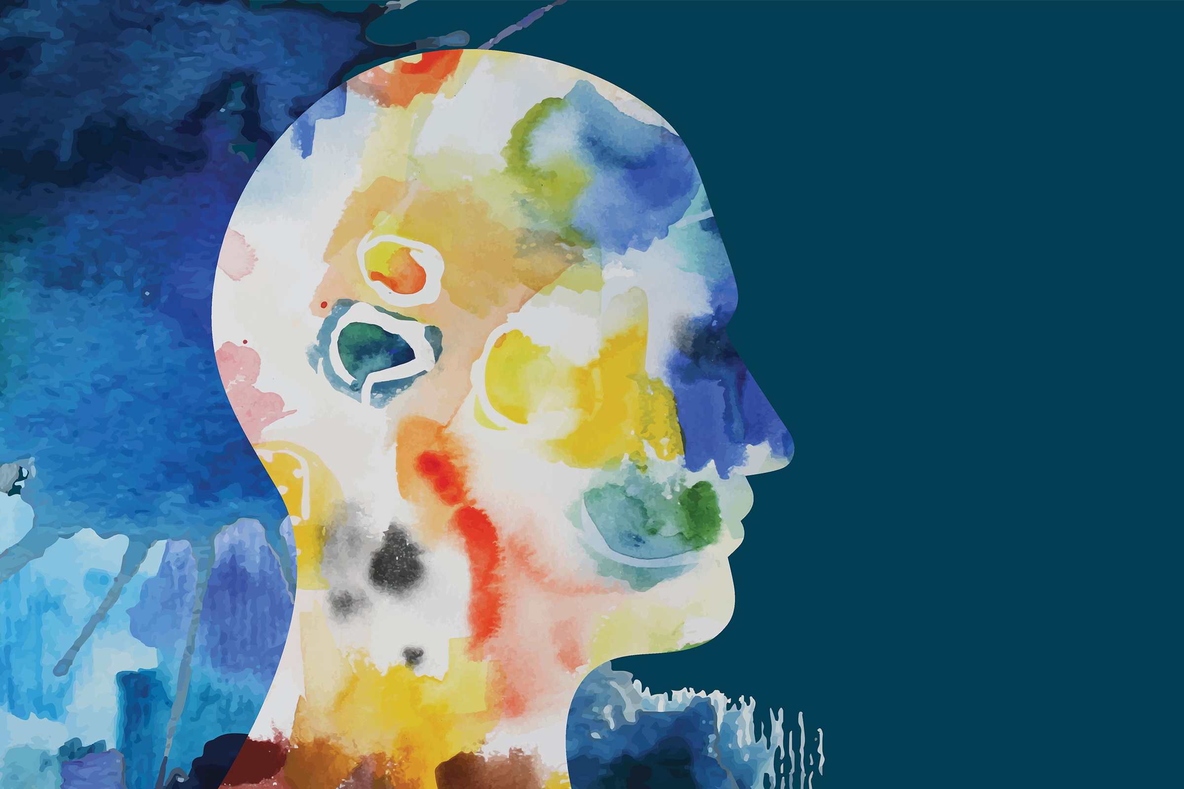 An abstract watercolor painting of a human. Swashes and blotches of color overlap a profile silhouette.