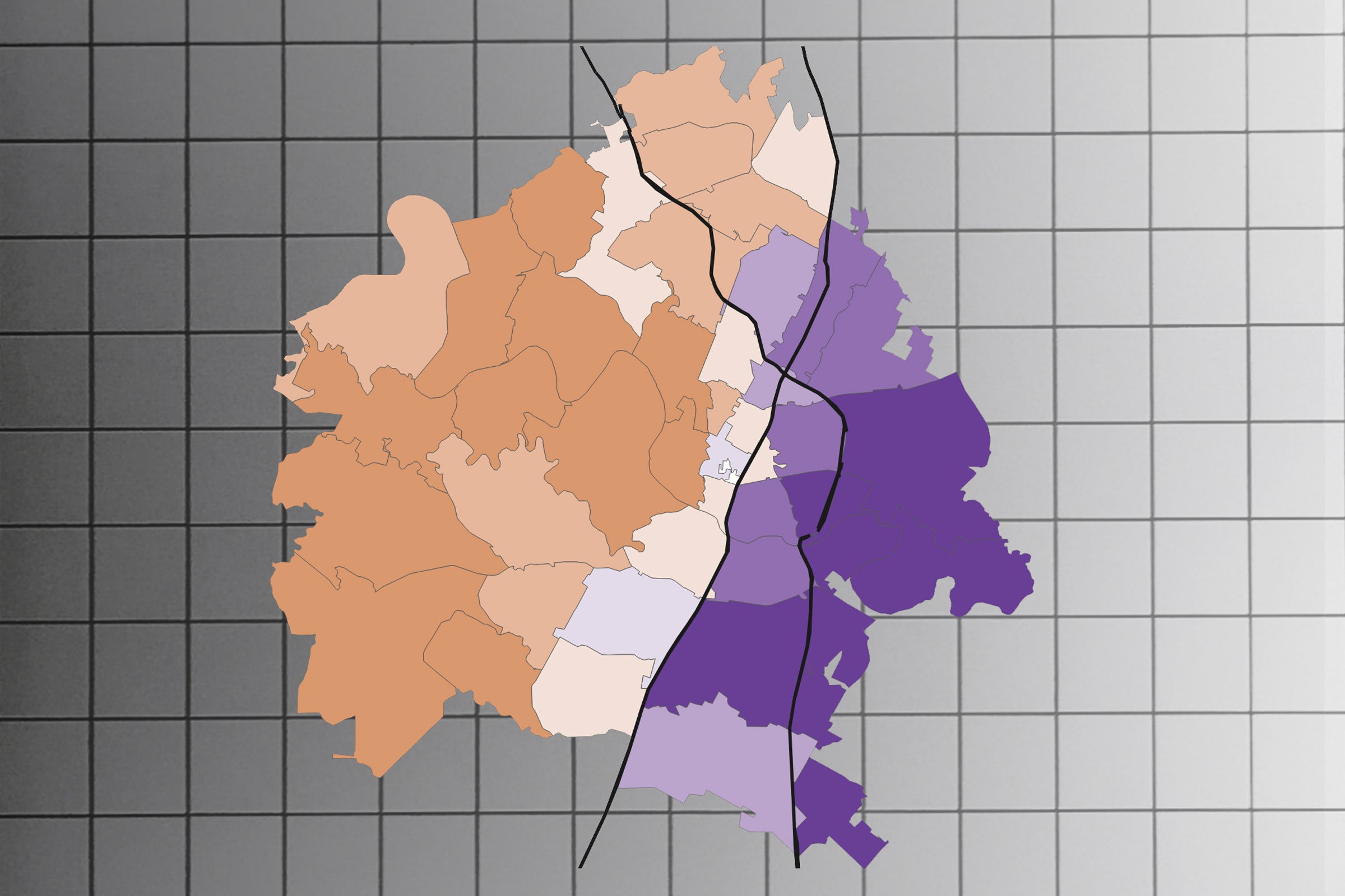 A map of Travis County shows different Zip codes in different colors against a grid. Lines intersect higher and lower income areas.