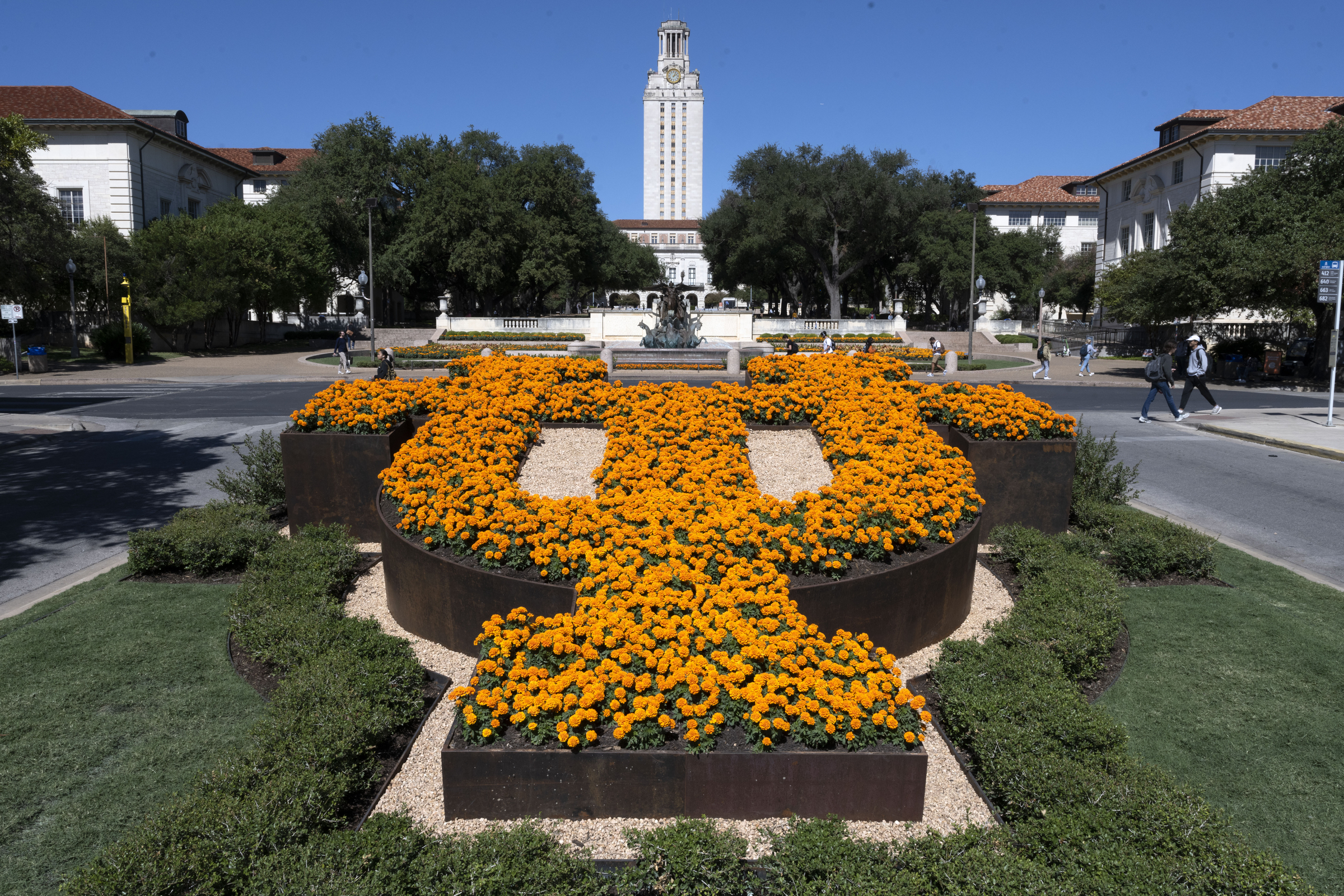 UT is spelled in flowers south of the main mall with the UT Tower in the distance
