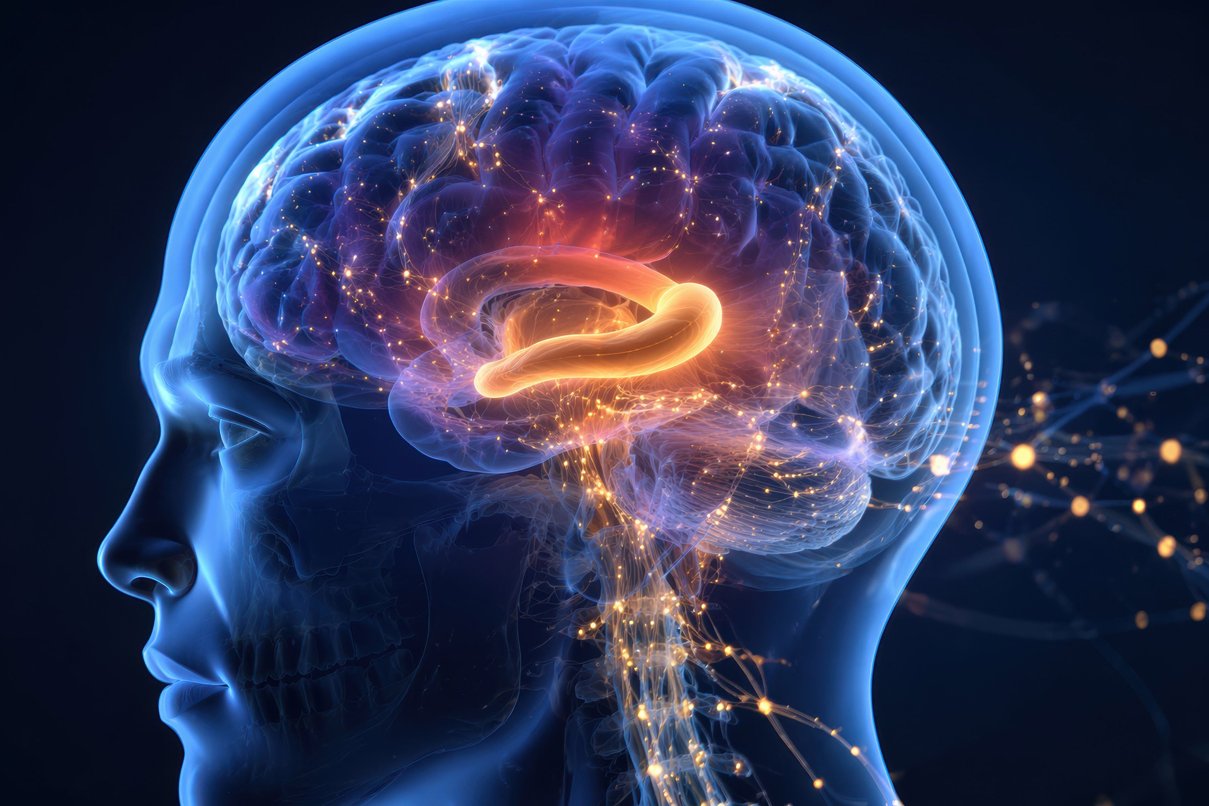 An illustration of a semi-transparent human head with a glowing feature representing the hippocampus region of the brain