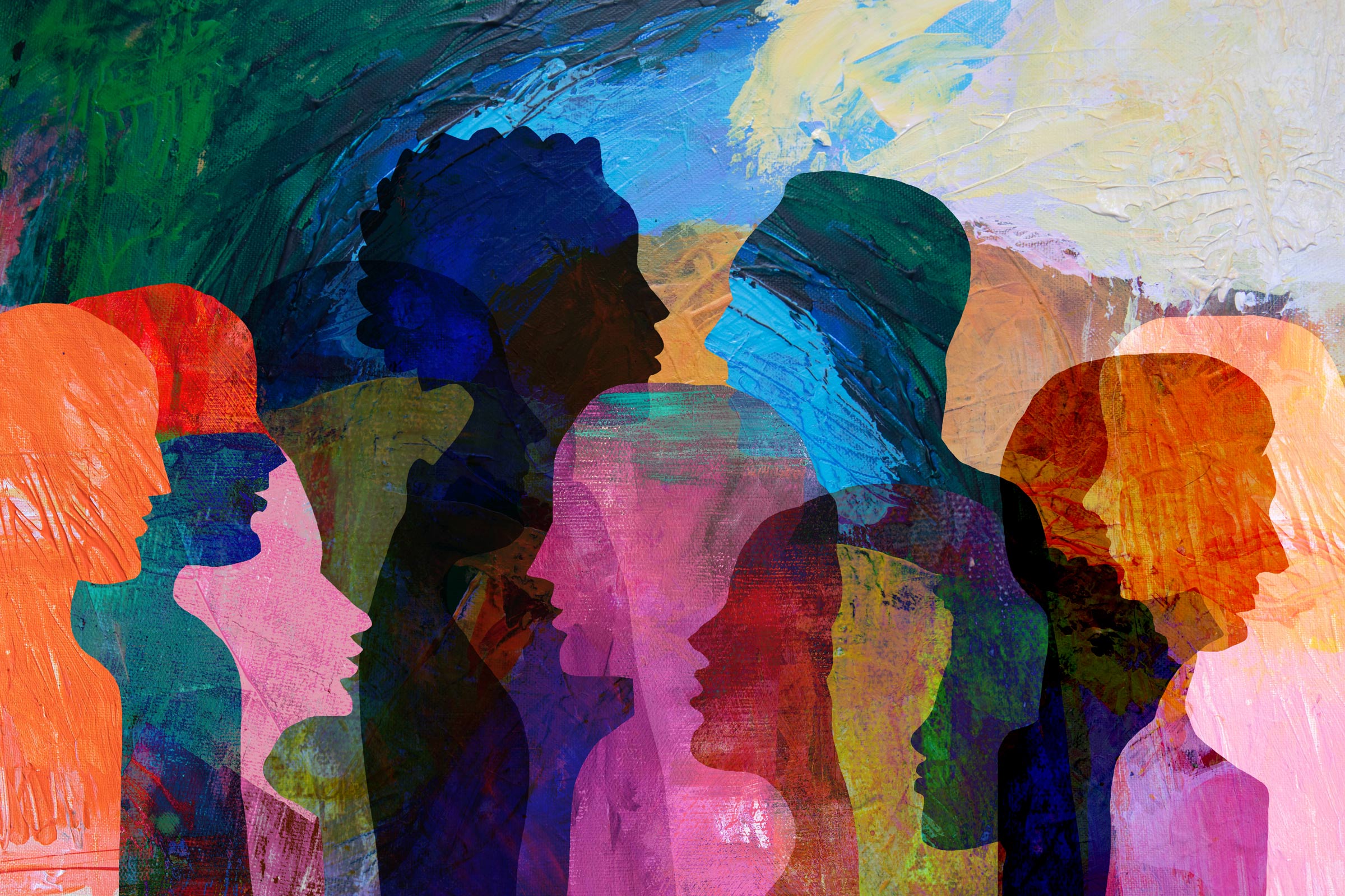 A collage of multi-colored silhouettes of different people