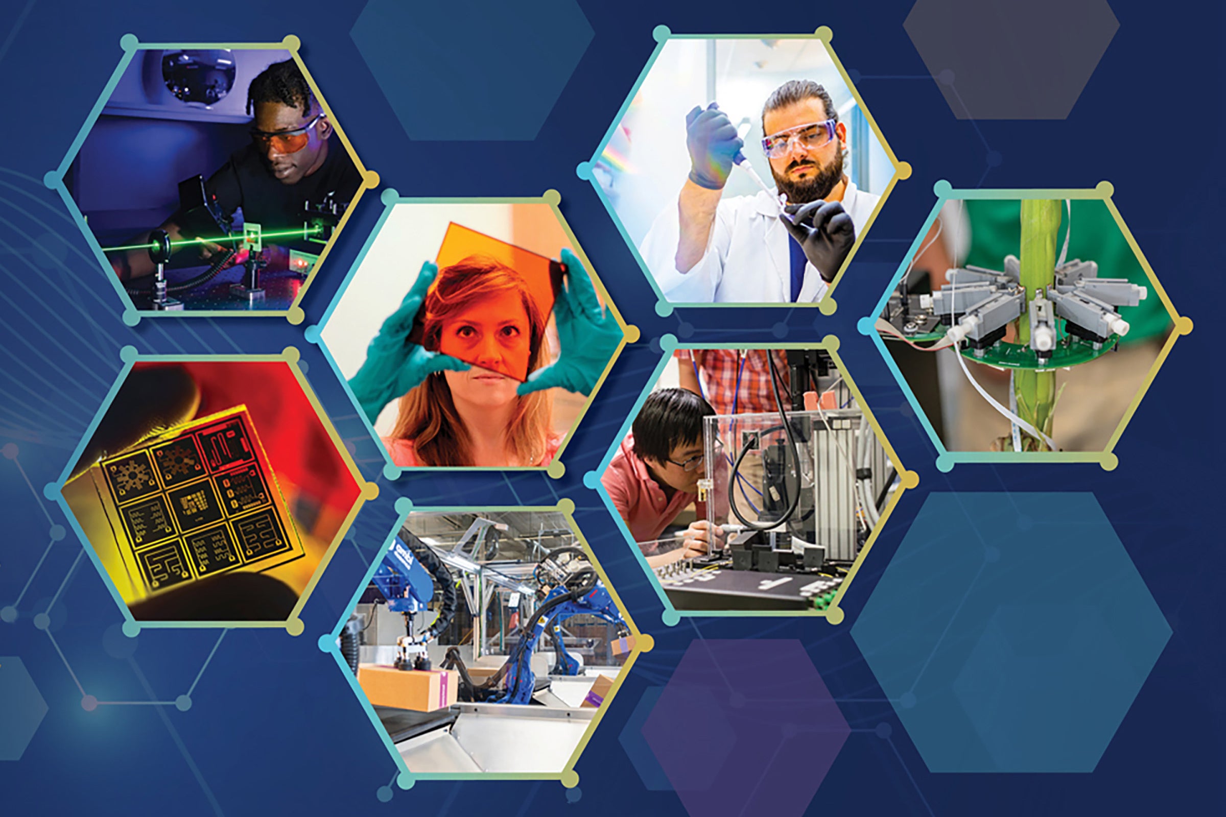 A composite image showing different aspects of science research, including working in a wet lab and using lasers. Also includes the National Science Foundation logo.