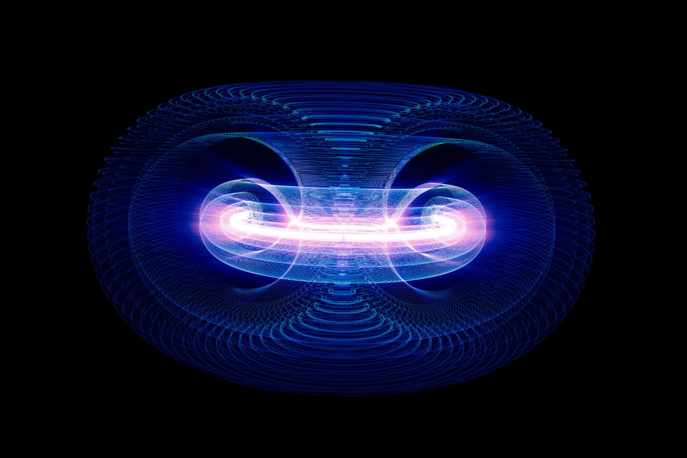 Inside a donut-shaped fusion reactor, a whitish-pink blur represents a fusion plasma