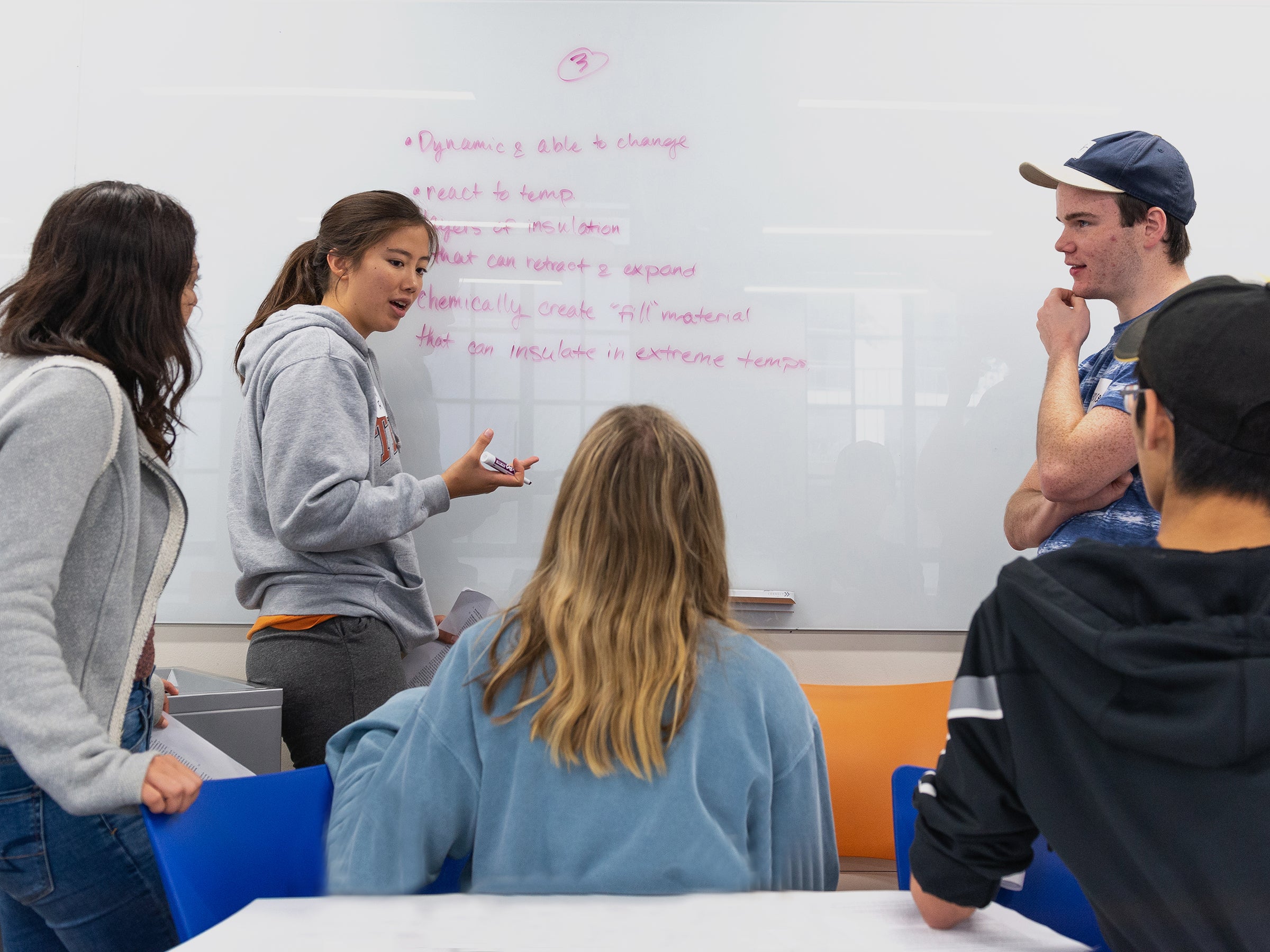 Students brainstorming at a white board.