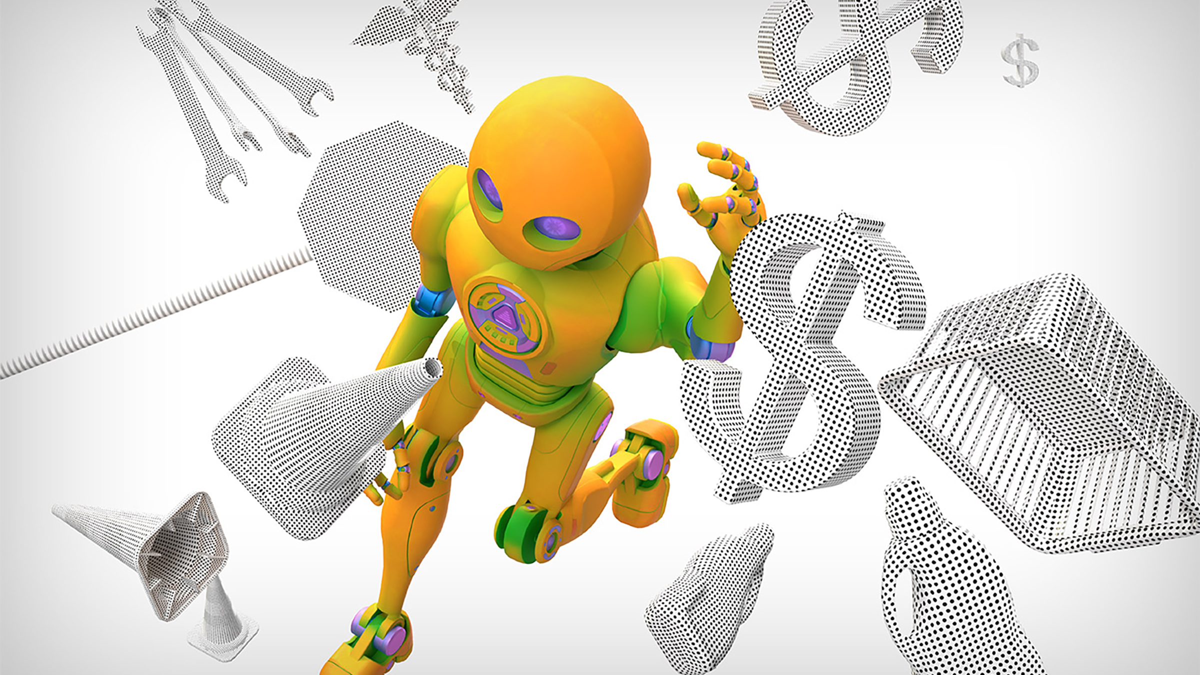 Illustration of a robot walking through a cloud of symbols for money, driving, housekeeping and health care float by