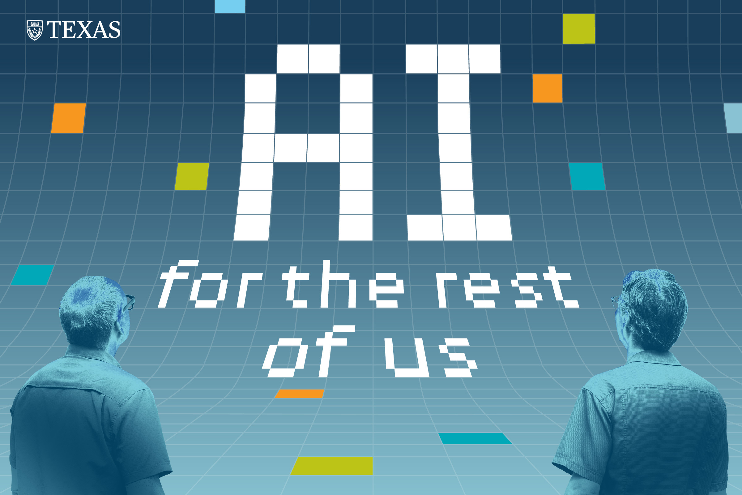 Two people look at a wall emblazoned with the words "AI for the rest of us"