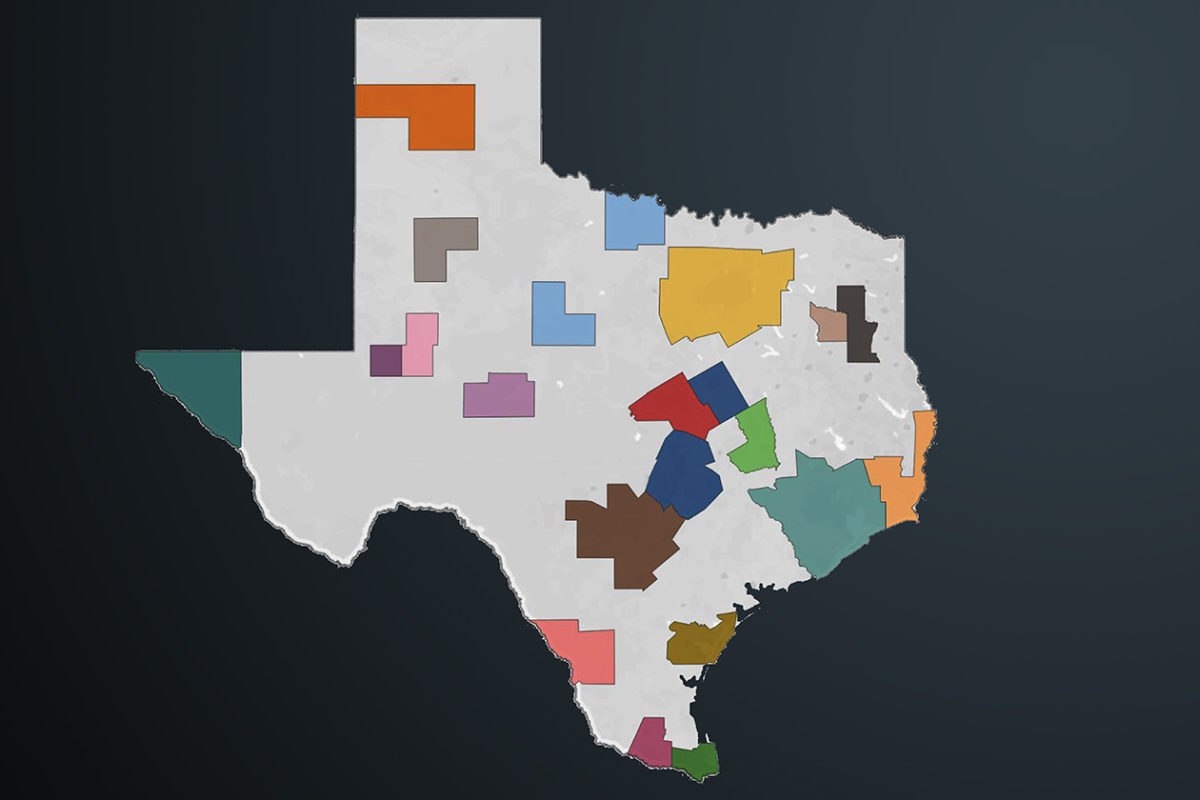 A map of texas with counties shaded in different colors 