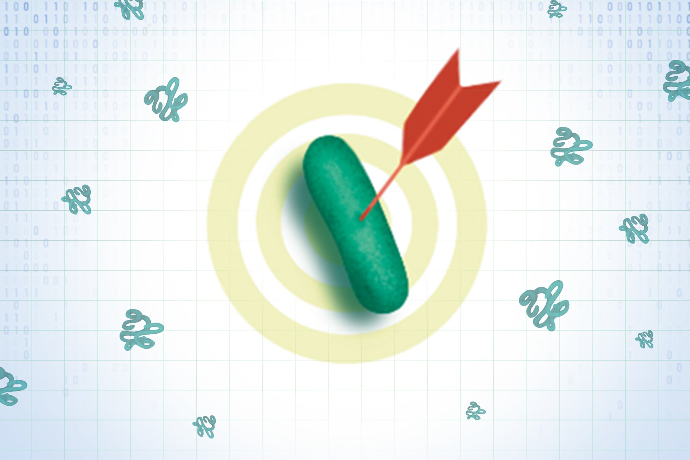 A green bacteria-shaped object with a red arrow piercing through its center. The bacteria is surrounded by concentric circles and smaller, blue, bacteria-like shapes. The background is a light blue grid with a pattern of binary code.