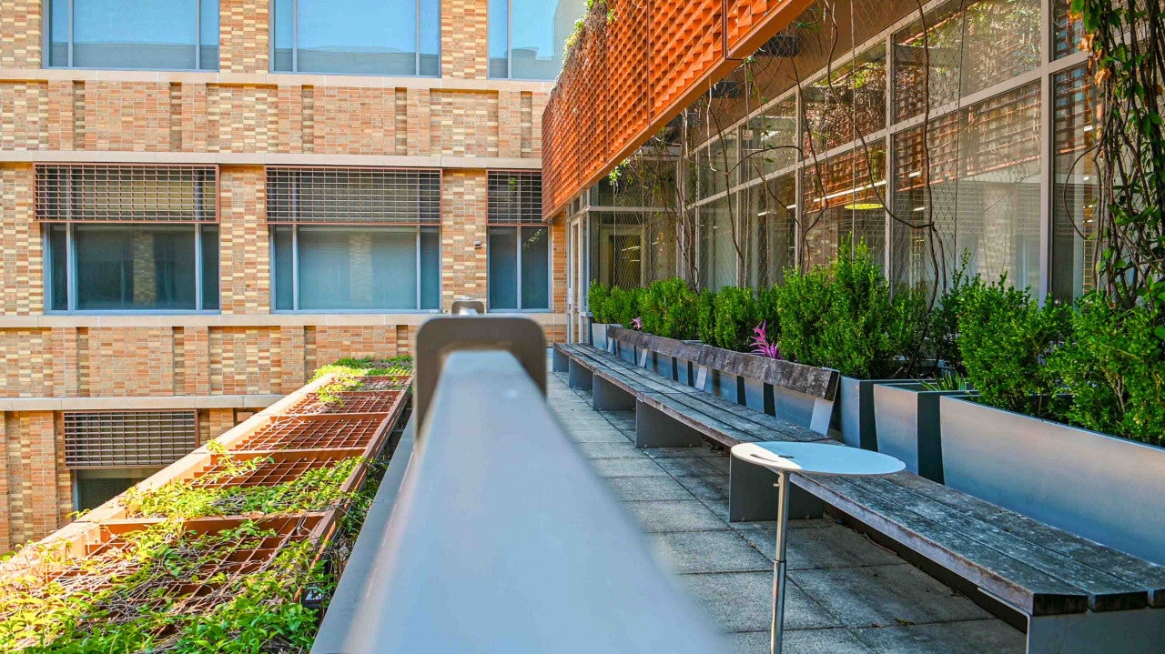 Balcony seating area on upper level of the Gates Building