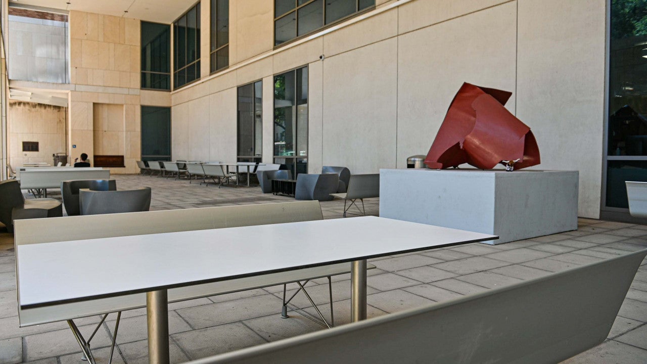 Courtyard seating area of Hackerman Building