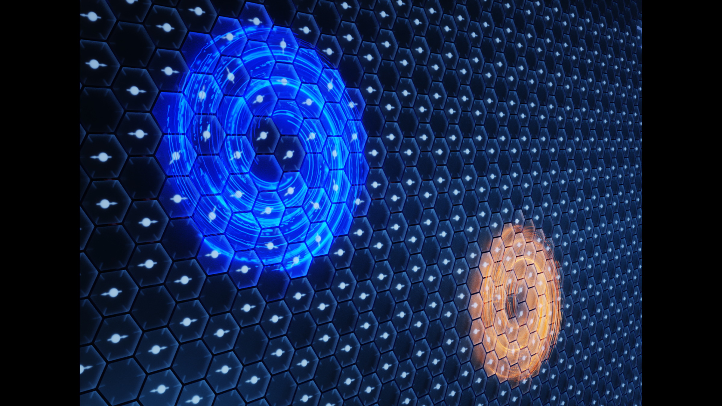 A grid of dots represents atoms arranged in a thin sheet. Within this grid are two swirling features, one blue and the other orange.