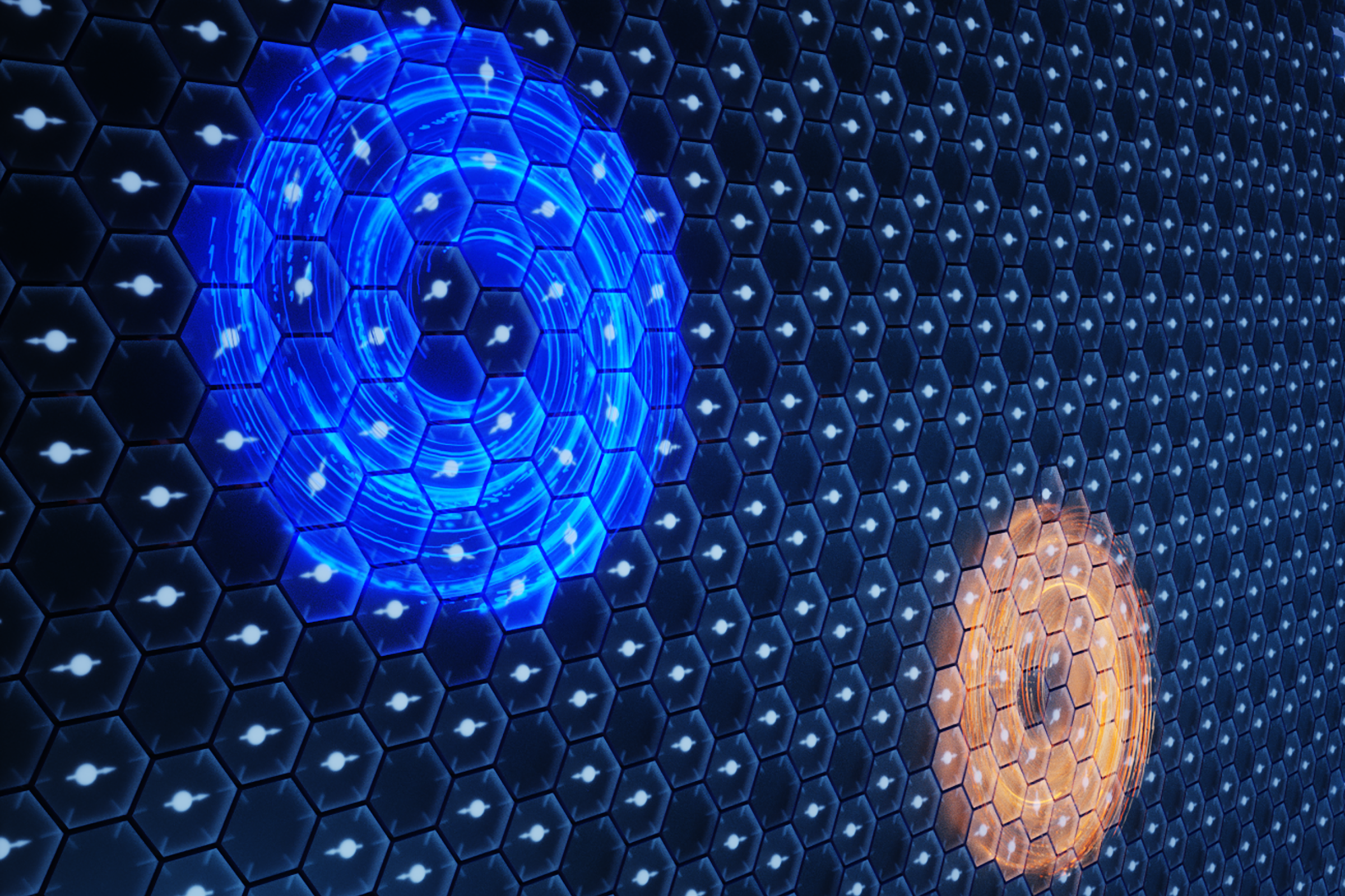 A grid of dots represents atoms arranged in a thin sheet. Within this grid are two swirling features, one blue and the other orange.