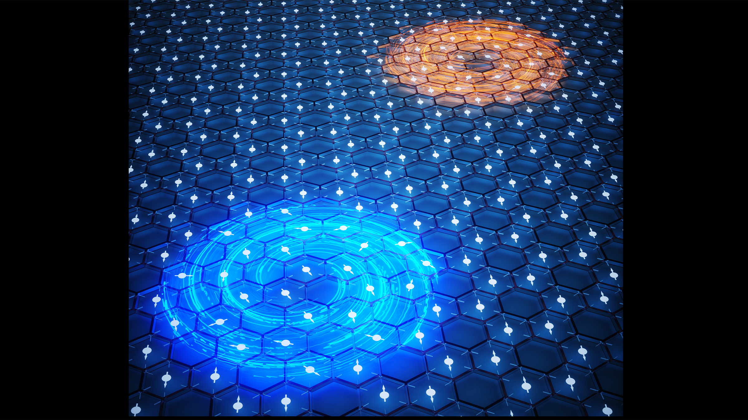 Illustration of to magnetic vorices, one blue, one orange