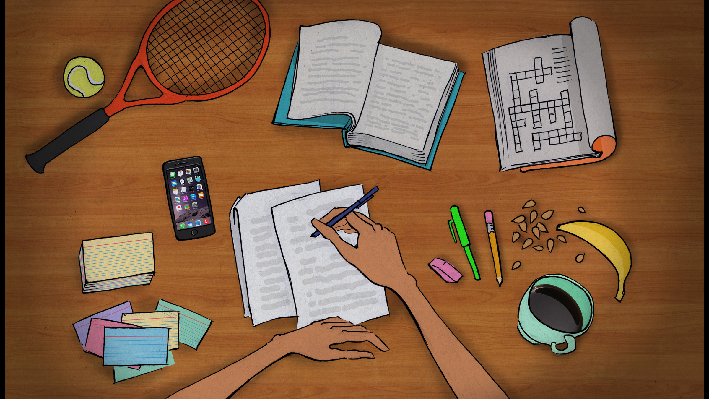 A hand writes on paper amidst a desk strewn with items including a coffee cup, snacks, a book of puzzles and a tennis racquet