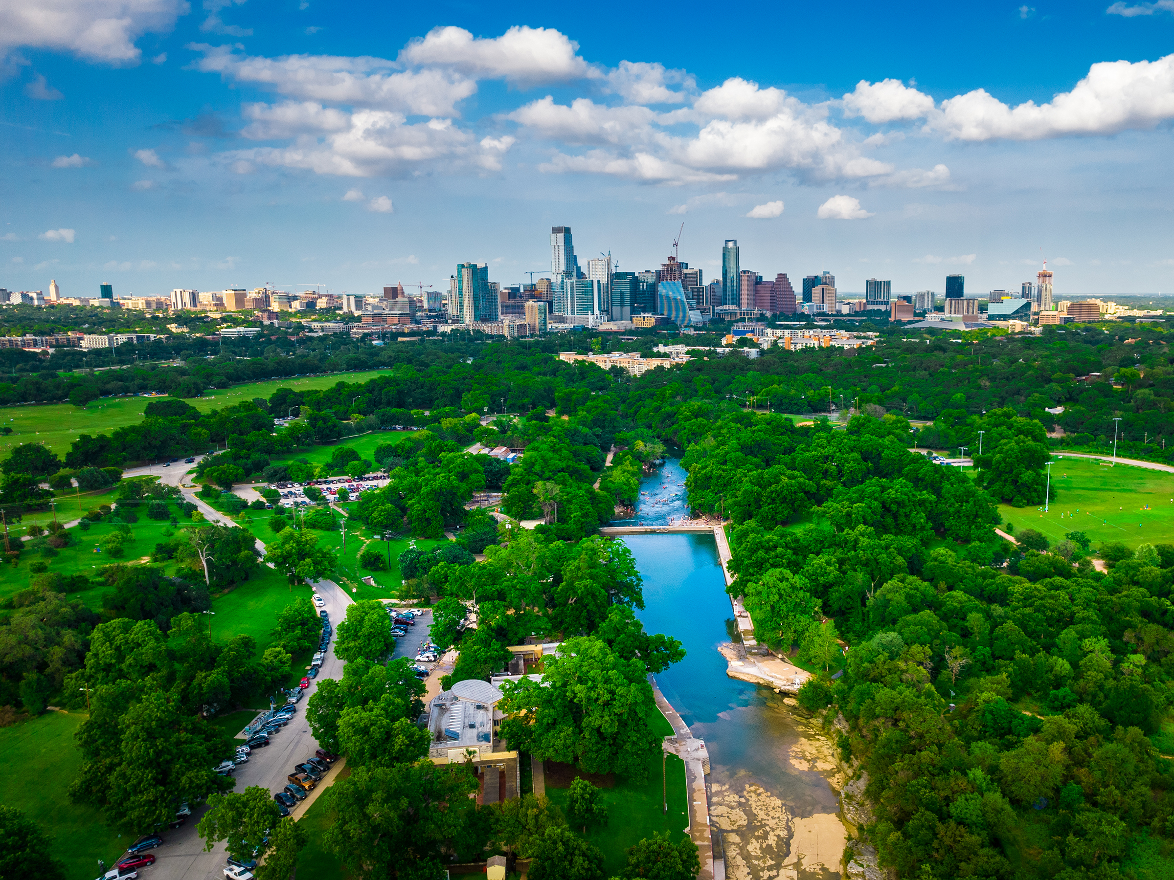 Aerial view of Barton Springs and Austin