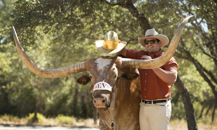 Image of Bevo with a handler standing beside him