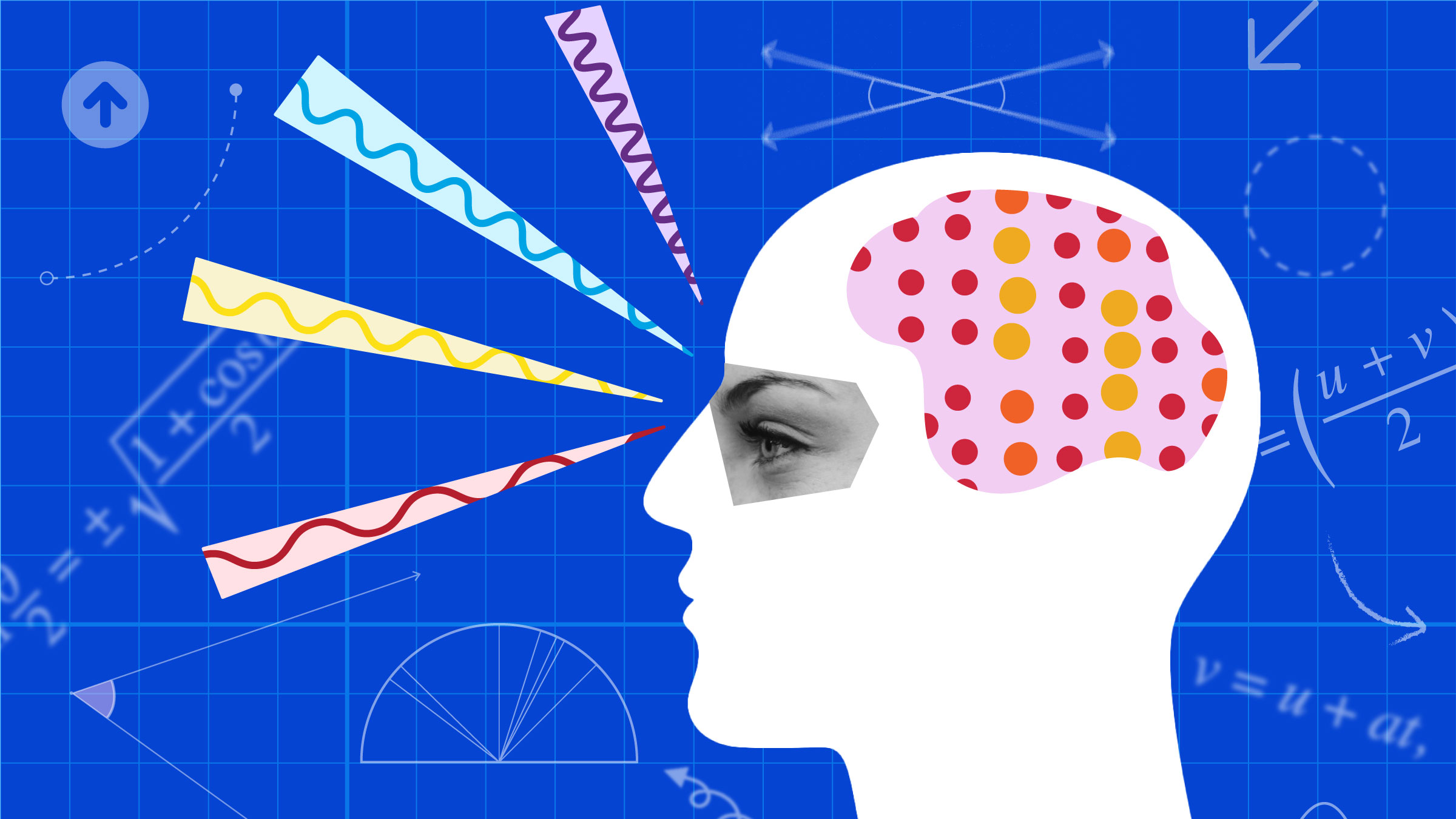 Artist drawing of human head in profile with blue background, colored lines pointing at the eye, colored dots representing the brain and math equations floating around the head.