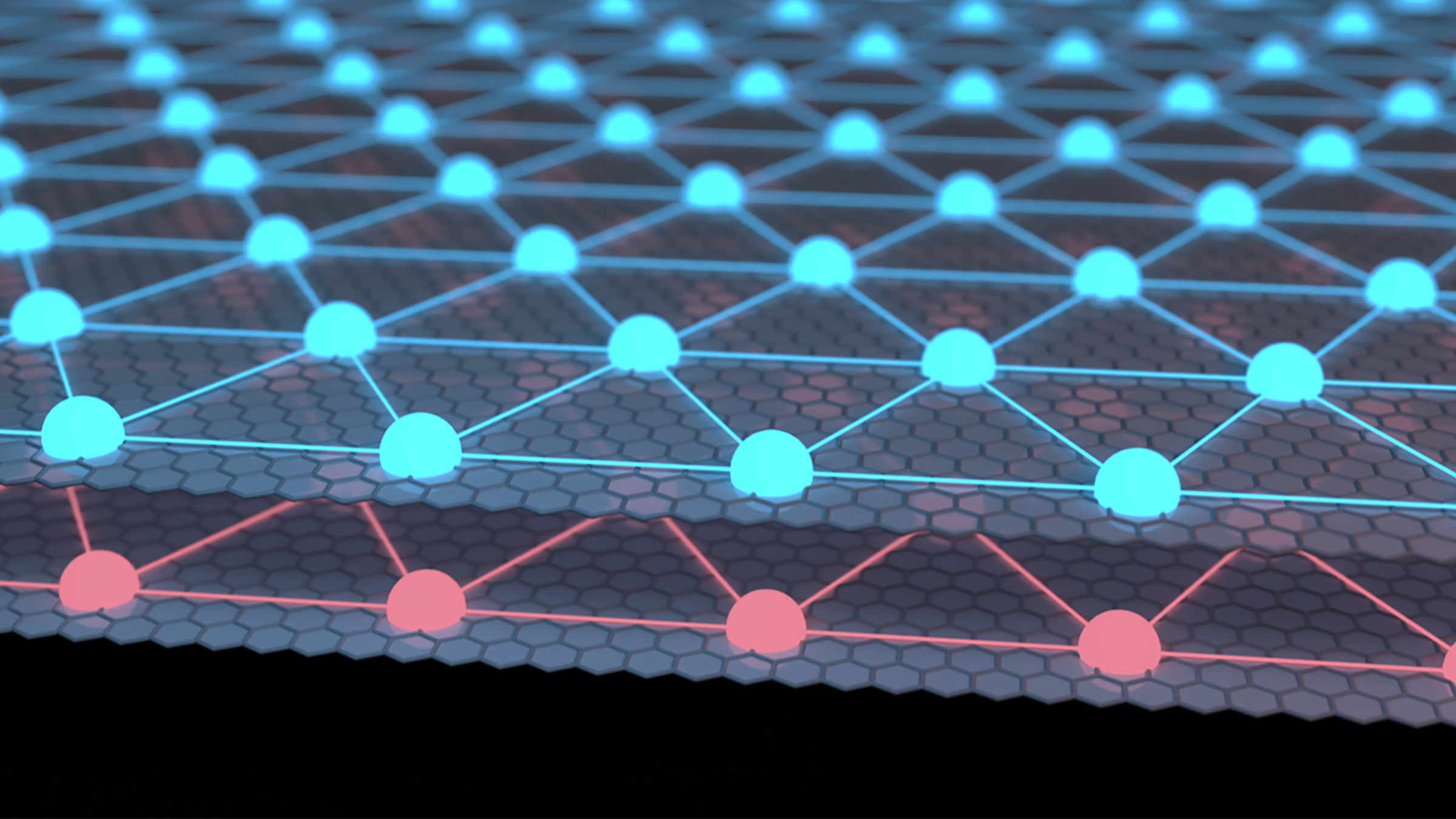 An artist's illustration shows two thin layers of material stacked one on top of the other, each with an array of atoms represented by dots. The top layer's dots are blue, the bottom layer's dots are read.