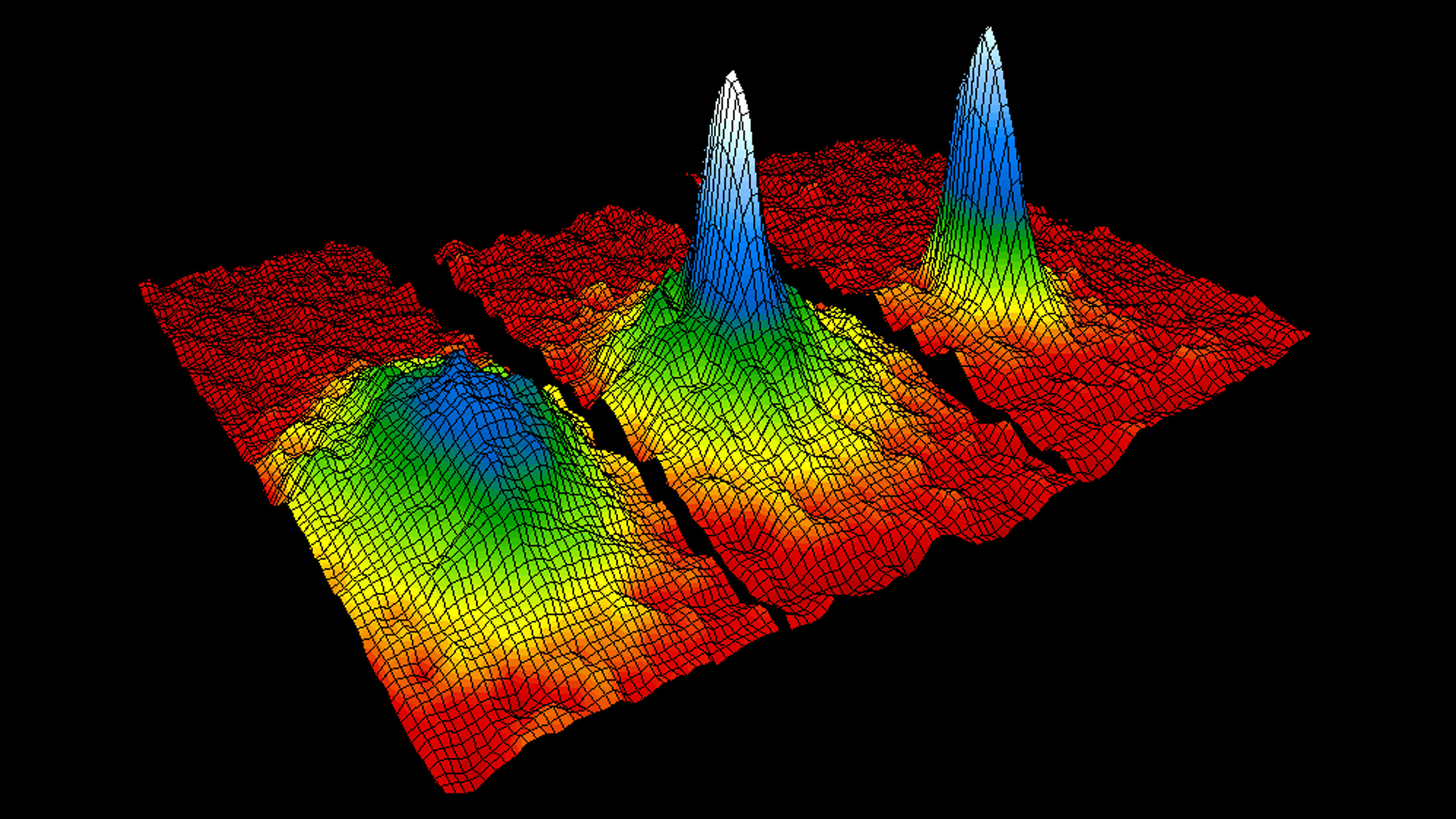 Three bumps colored to indicate their height. Red indicates the base, then yellow and green, with the highest points marked in blue