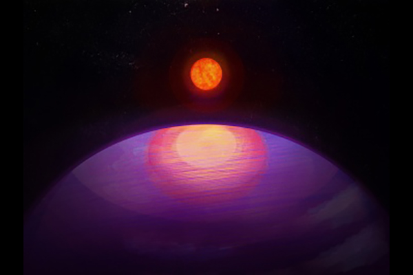 A red star rises over a purple planet and casts a reflection on its surface