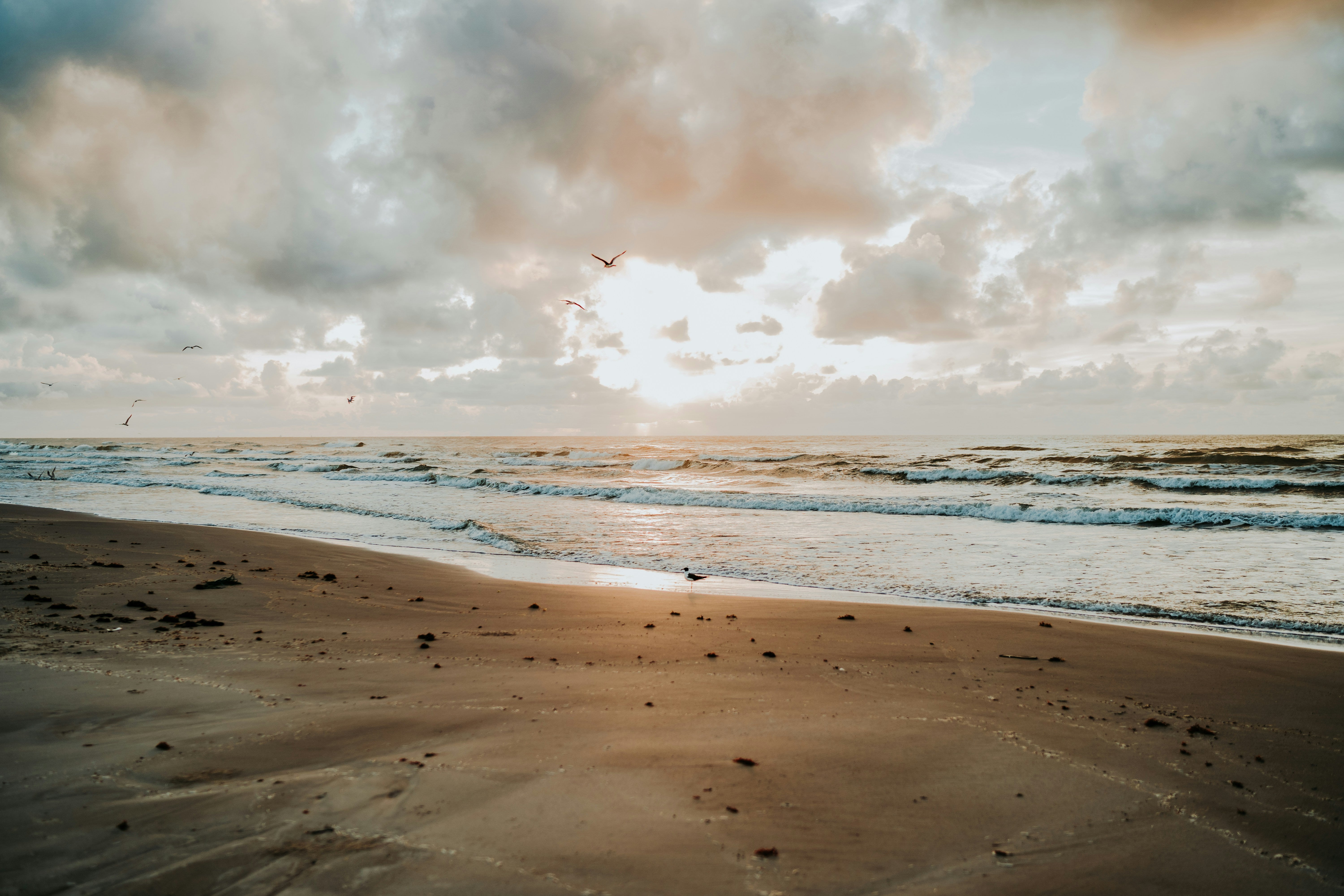 A sandy Texas beach with waves on the ocean and a cloudy sky