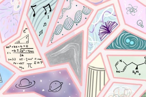 An illustration shows geometric shapes containing science and math images from chemistry, math, music, physics, cosmology, biology and more