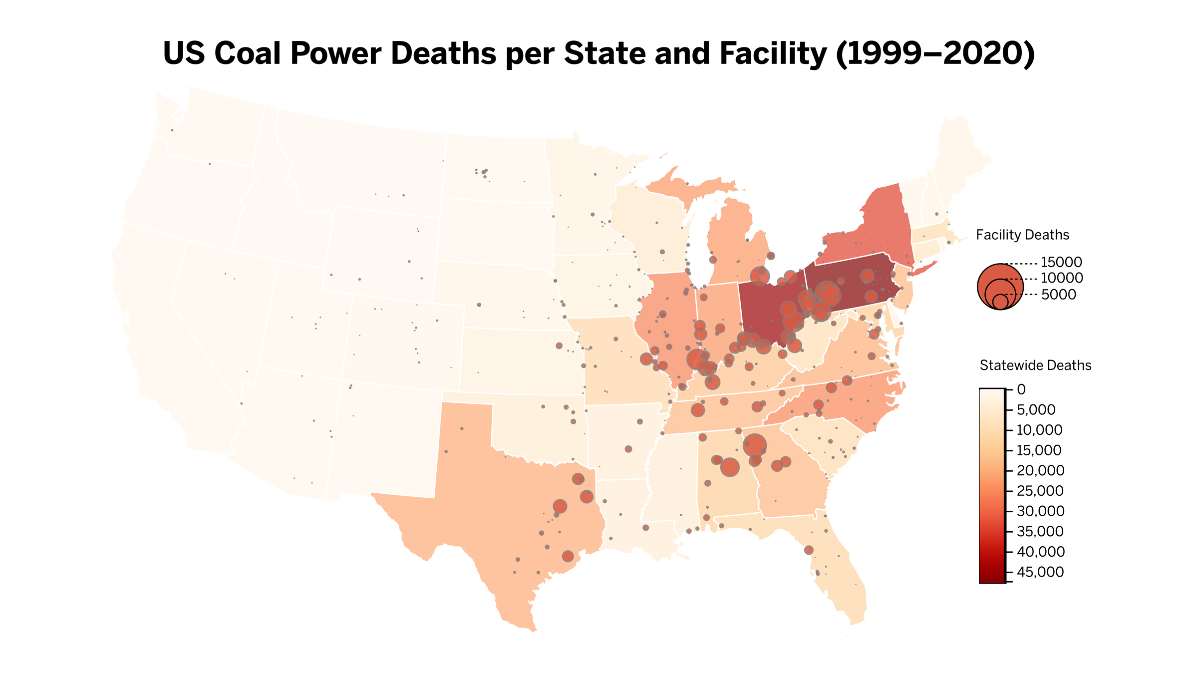 A map of the United States with each state having a different shade of red, indicating the number of deaths attributable to coal-fired power plants. It also indicates the number of deaths attributable to each individual facility.
