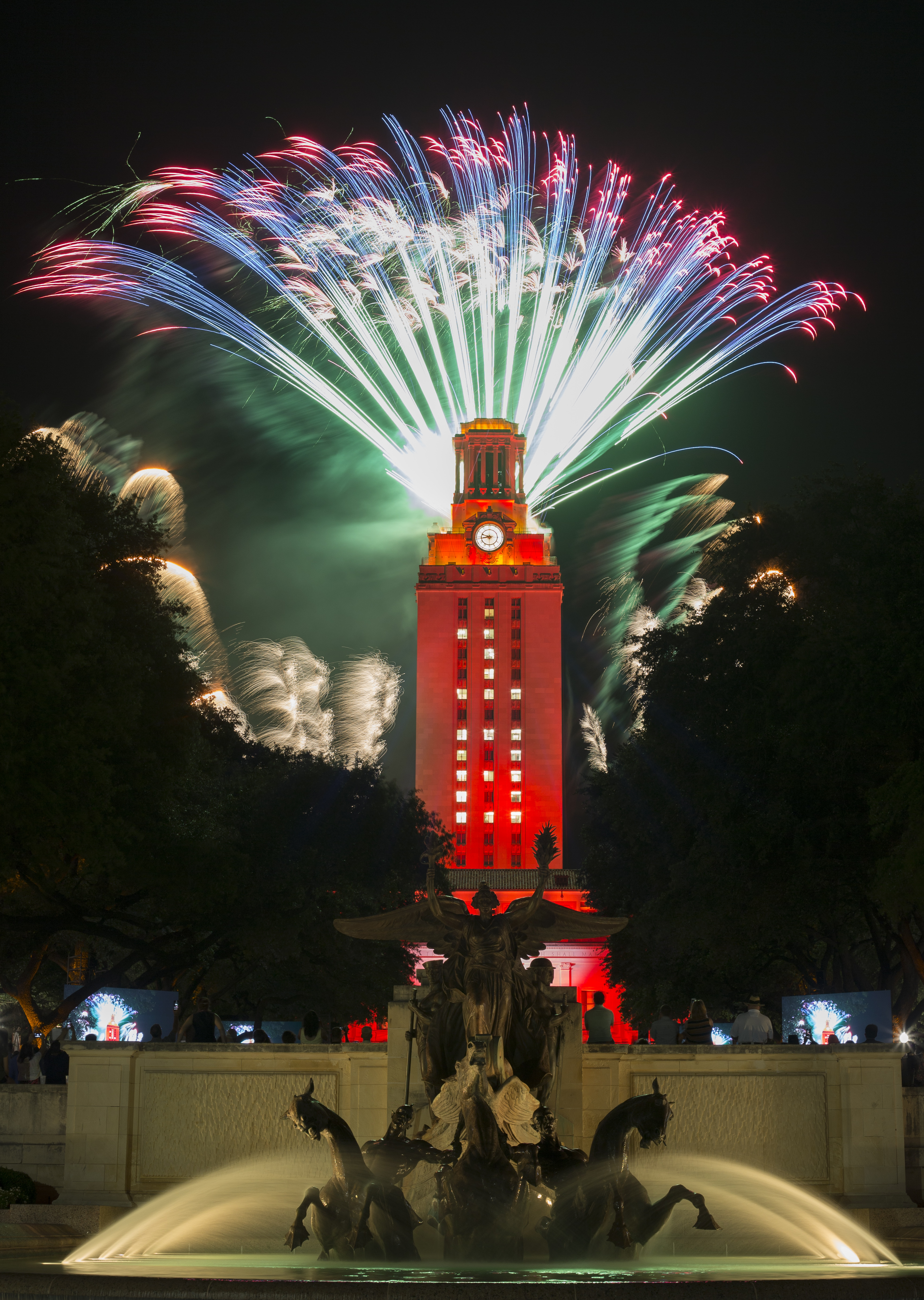 Orange tower with fireworks