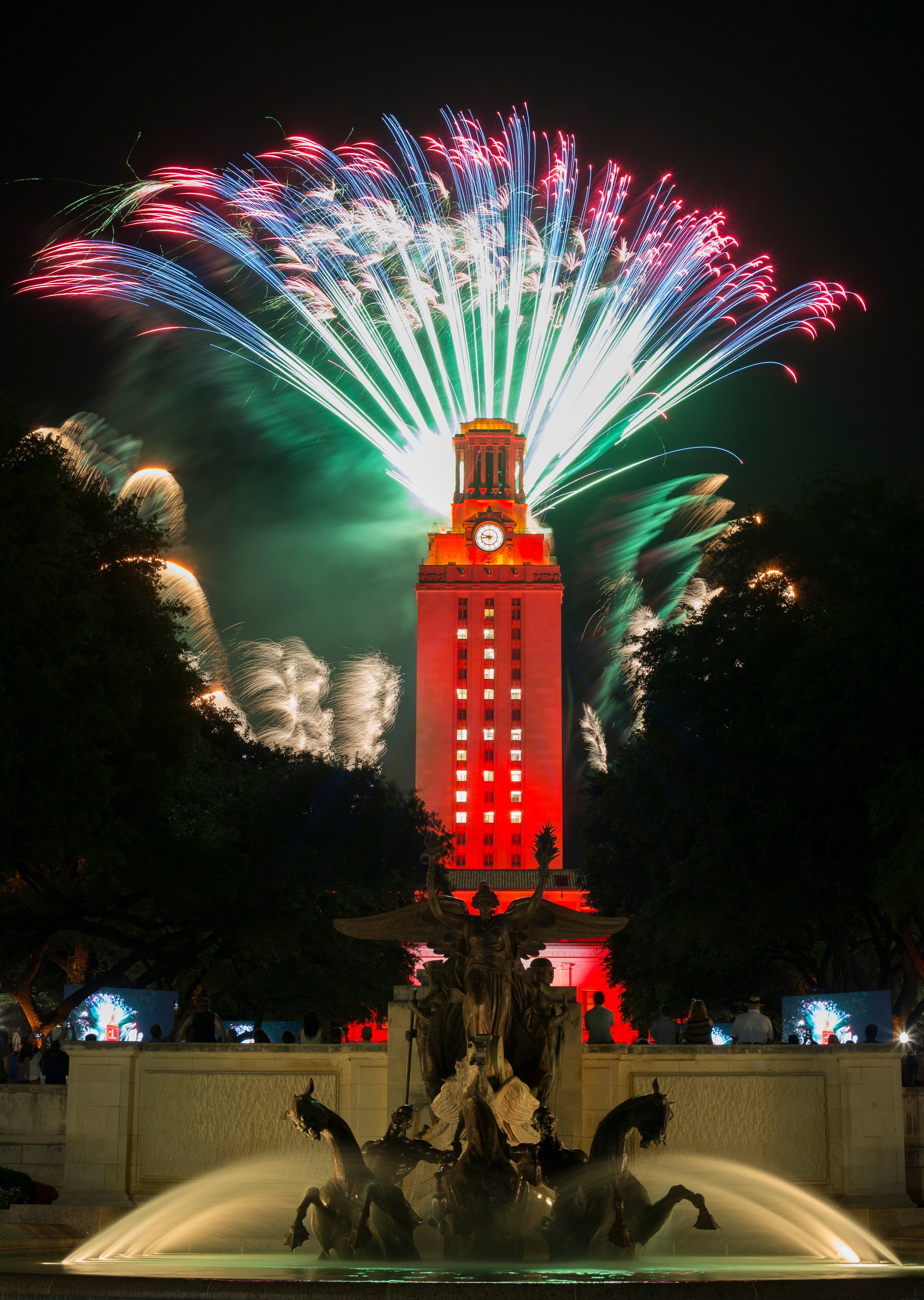 Orange tower with fireworks