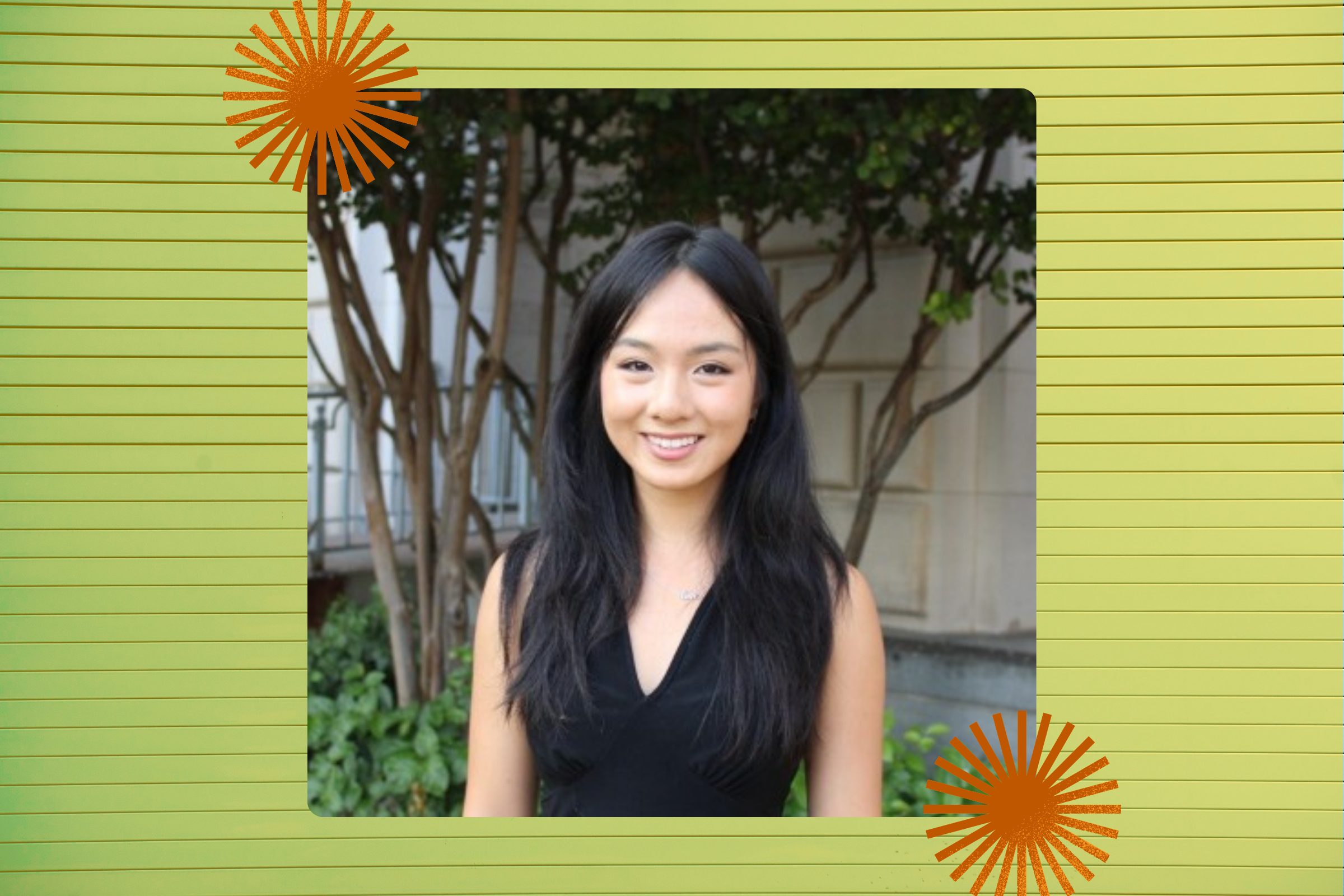A young woman smiles standing with a building and trees behind her, while burst and texture graphics frame the picture.