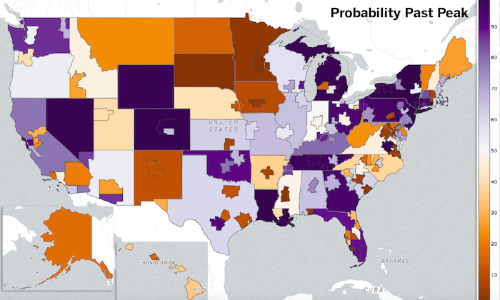 A map of the US forecasts daily deaths from COVID-19