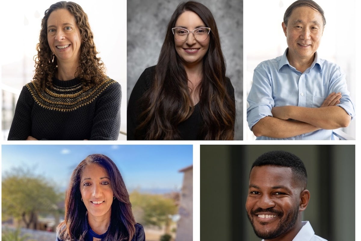 Five head shots of scientists include two men and three women