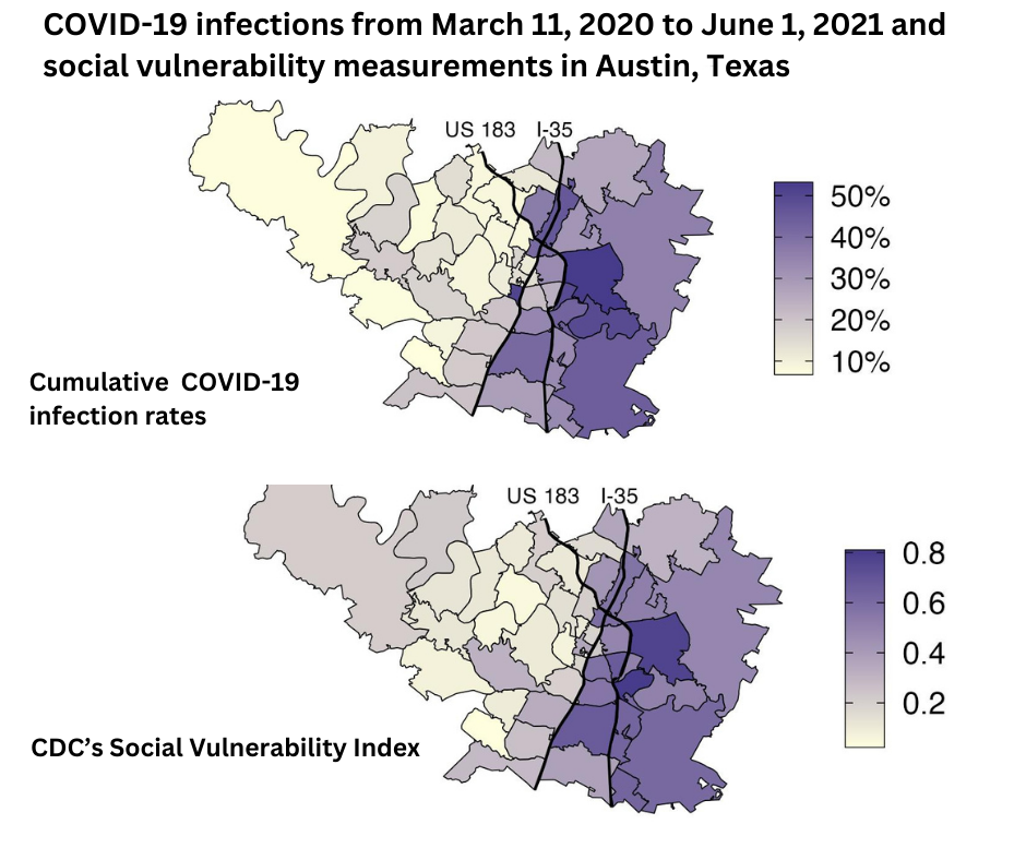 Two zip code maps of Travis County displaying cumulative covid infections and CDC's social vulnerability index