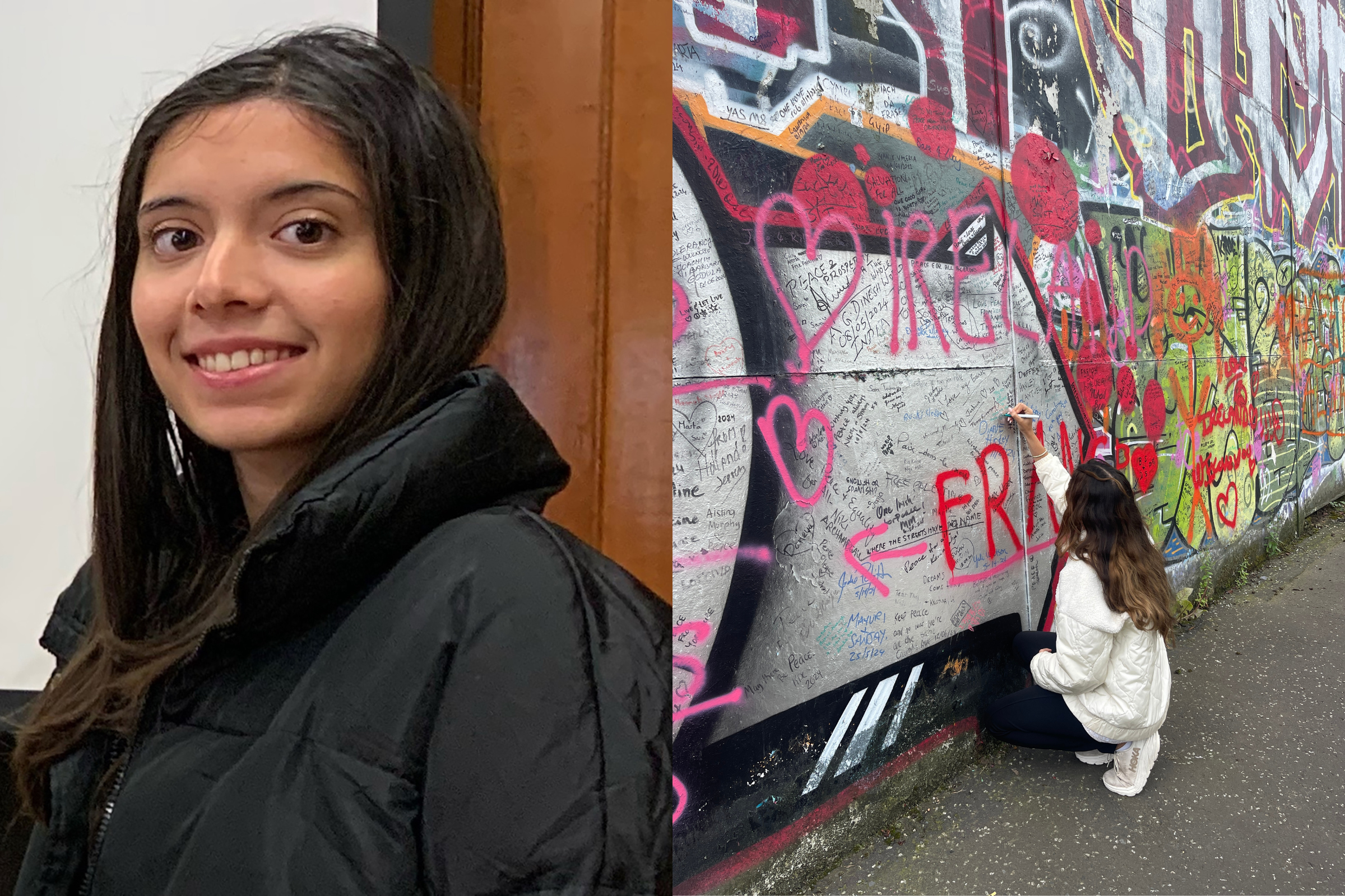 Kena Desai, left. On the right, Kena Desai kneels and signs the peace wall in Northern Ireland