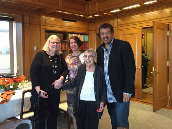 Daughter Chris DeWitt, alumna Alice Young, Cécile DeWitt-Morette and alumnus Neil DeGrasse Tyson on campus in January. Young was a graduate student under DeWitt-Morette.