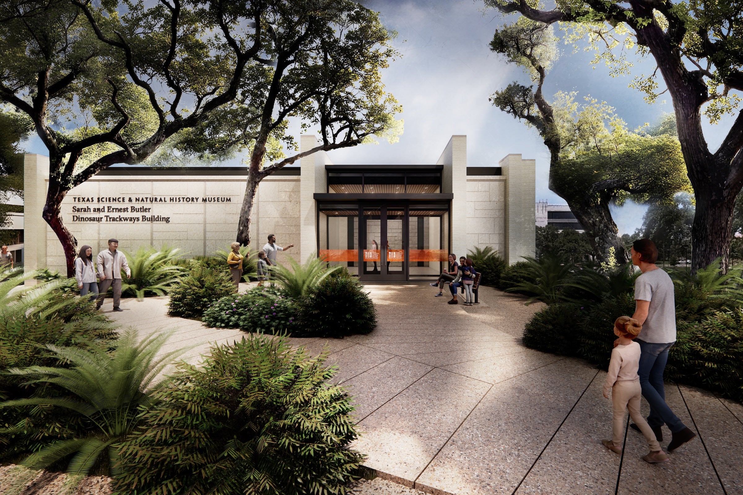 A rendering shows people walking towards a building with lettering reading Texas Science & Natural History Museum Sarah and Ernest Butler Dinosaur Trackways Building