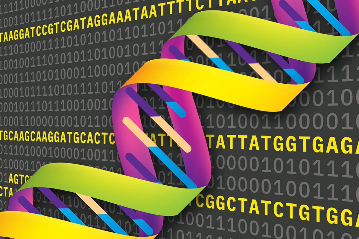 Artists image of DNA helix in purple, yellow and green with letters GTAC and 01 binary in the background