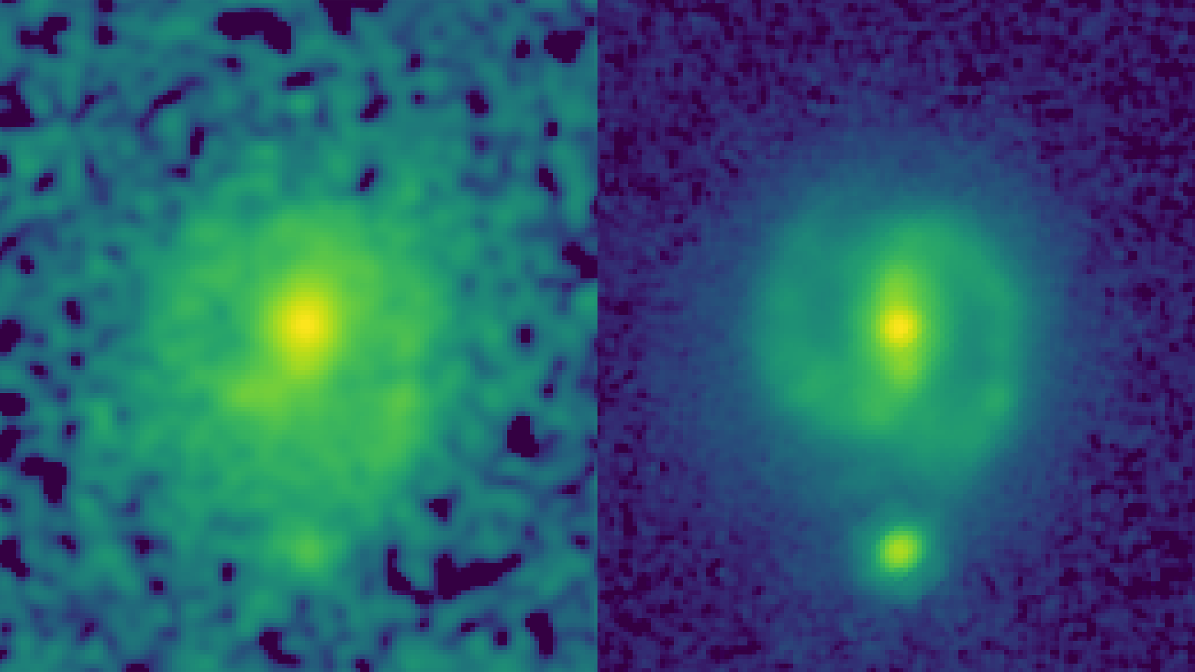Two images of the same galaxy, one blurry, the other with crisp spiral arms and a central bar